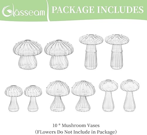 Miniatura 6 de Glasseam Jarrones de hongos para flores, bonito juego de 10 jarrones de cristal transparente, jarrones de vidrio soplado para centros de mesa,