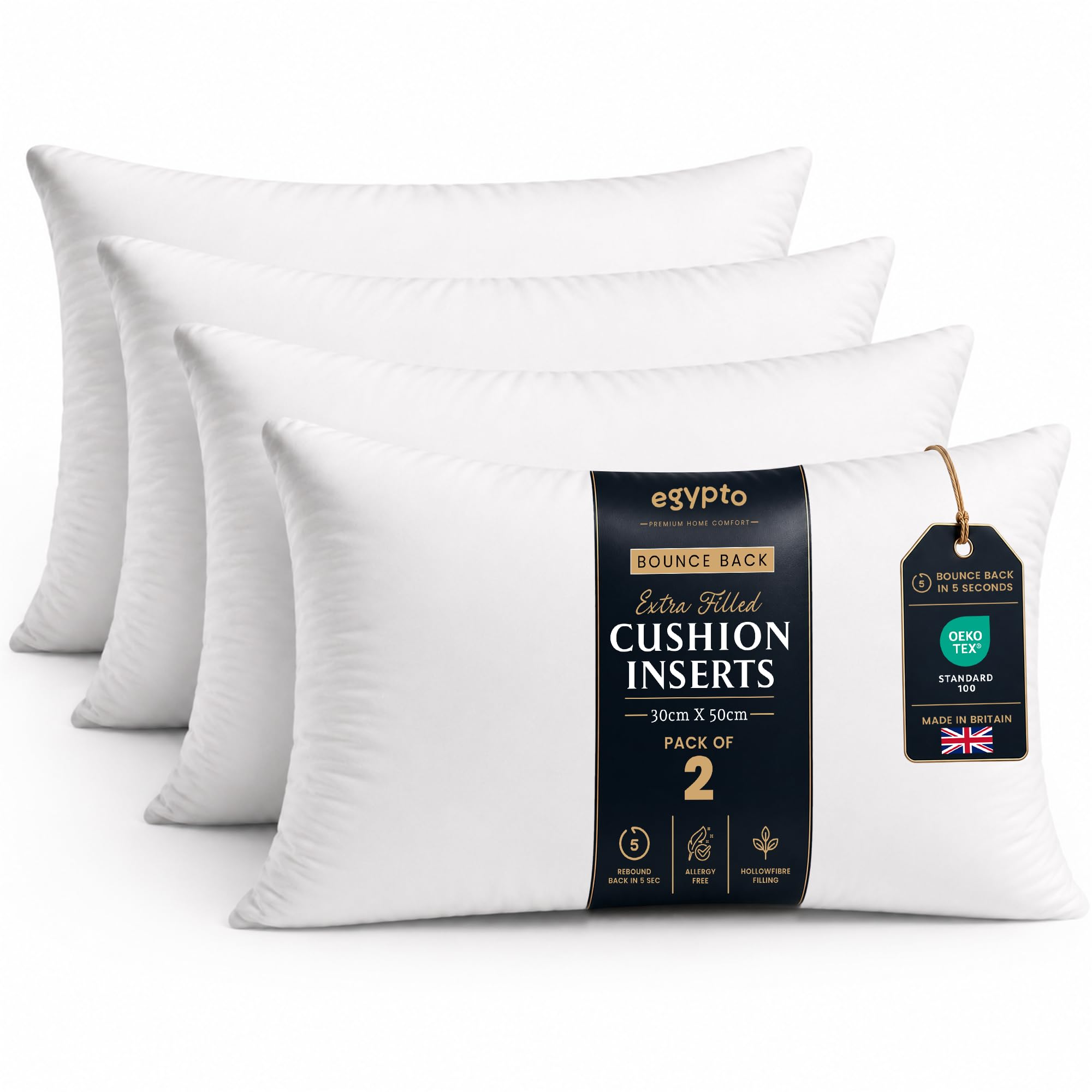EGYPTO Pack of 4 Cushion Inserts 30cm x 50cm | Plump Bounce Back 12x20 Inch Cushion Pads | Hypoallergenic Sofa & Throw Pillows Inner | Made in UK