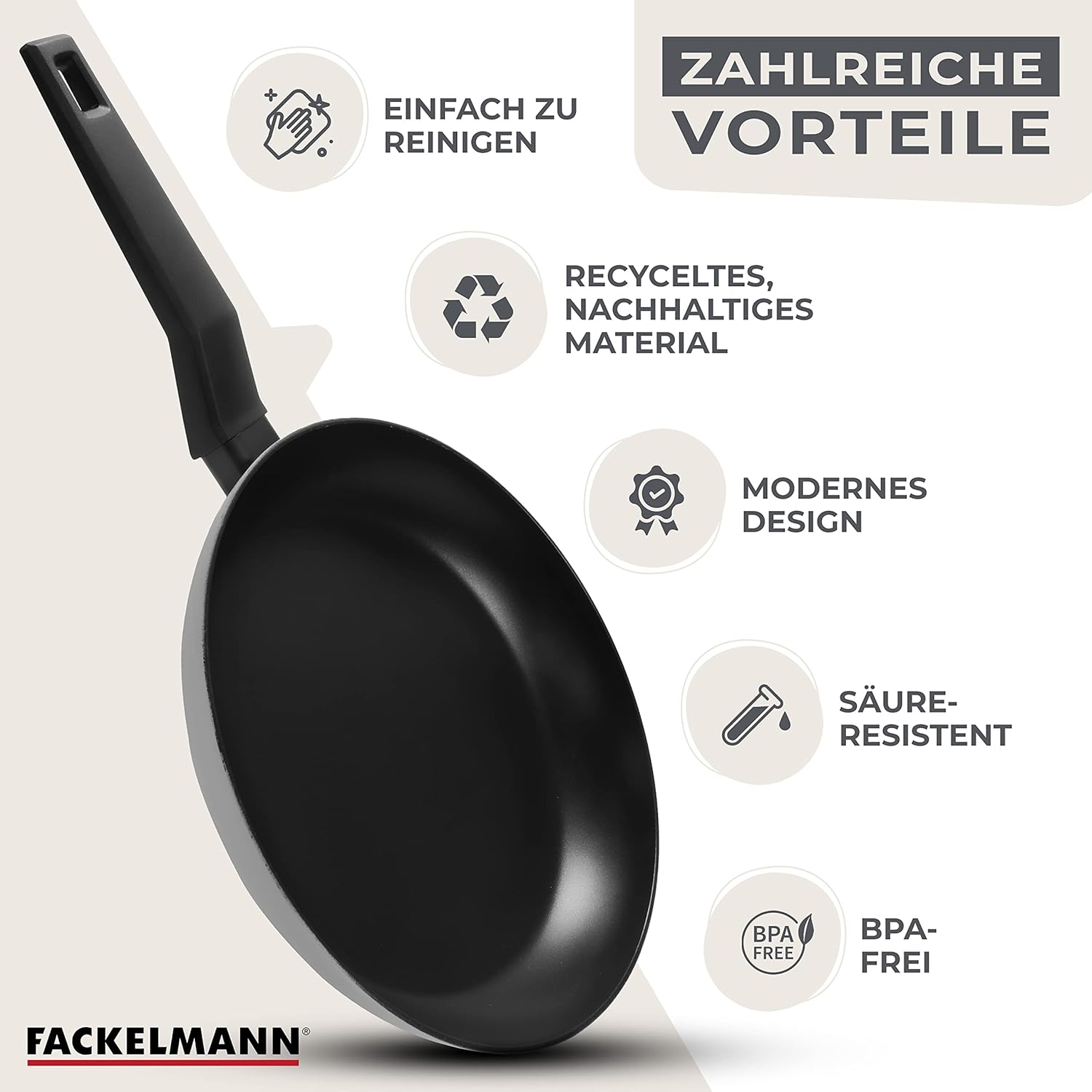 FACKELMANN Balance Frying Pan 24 cm Non-Stick Pan Made of 90% Recycled Aluminium with Ergonomic Plastic Handle, Induction Pan for Cooking & Sewing