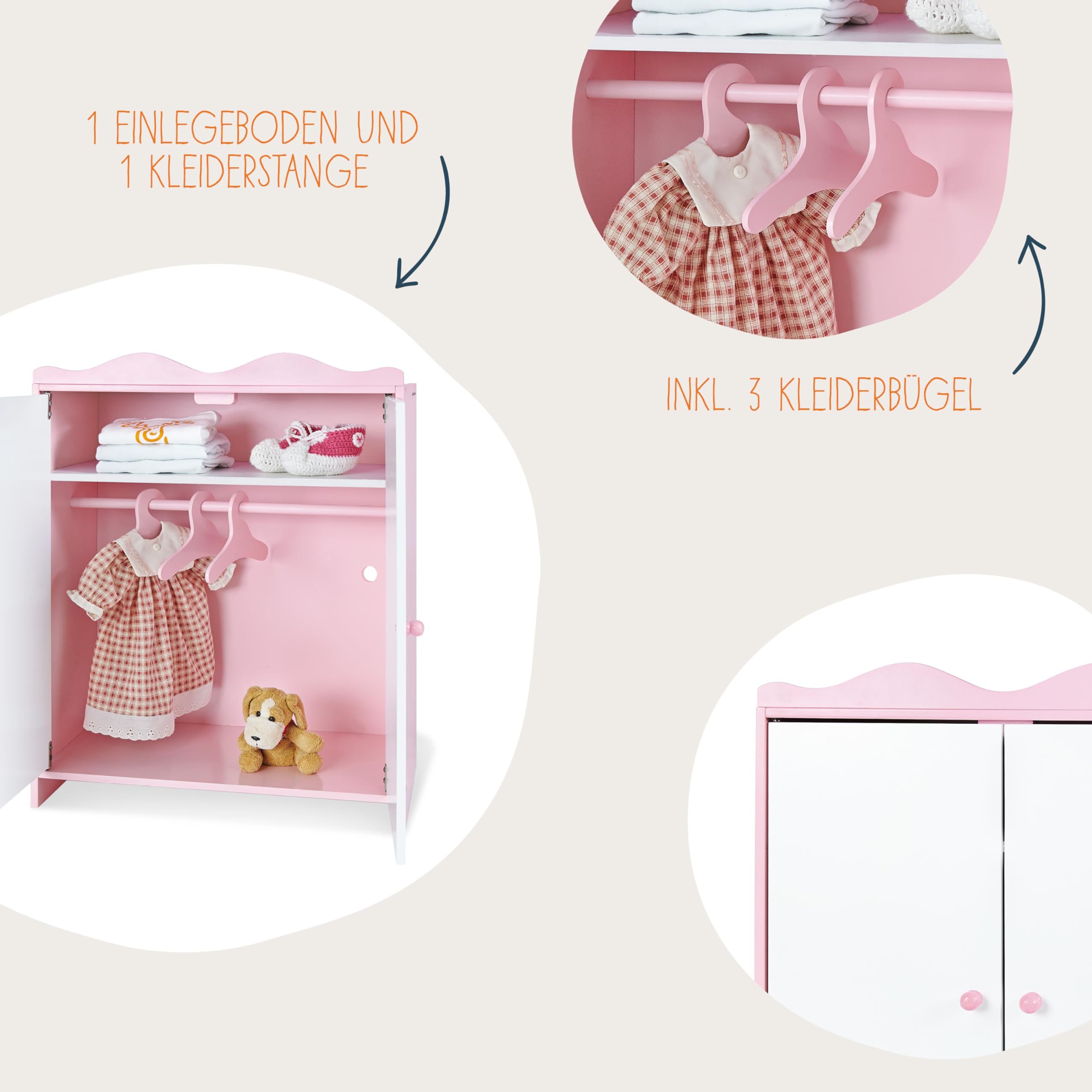 PINOLINO Puppenschrank Jasmin 4-TLG. - Puppenkleiderschrank, Puppenzubehör, Puppen Spielzeug, Schrank mit 2 Türen, Einlegeboden, Kleiderstange, 3 Kleiderbügeln, für Kinder ab 2 Jahren, rosa/weiß
