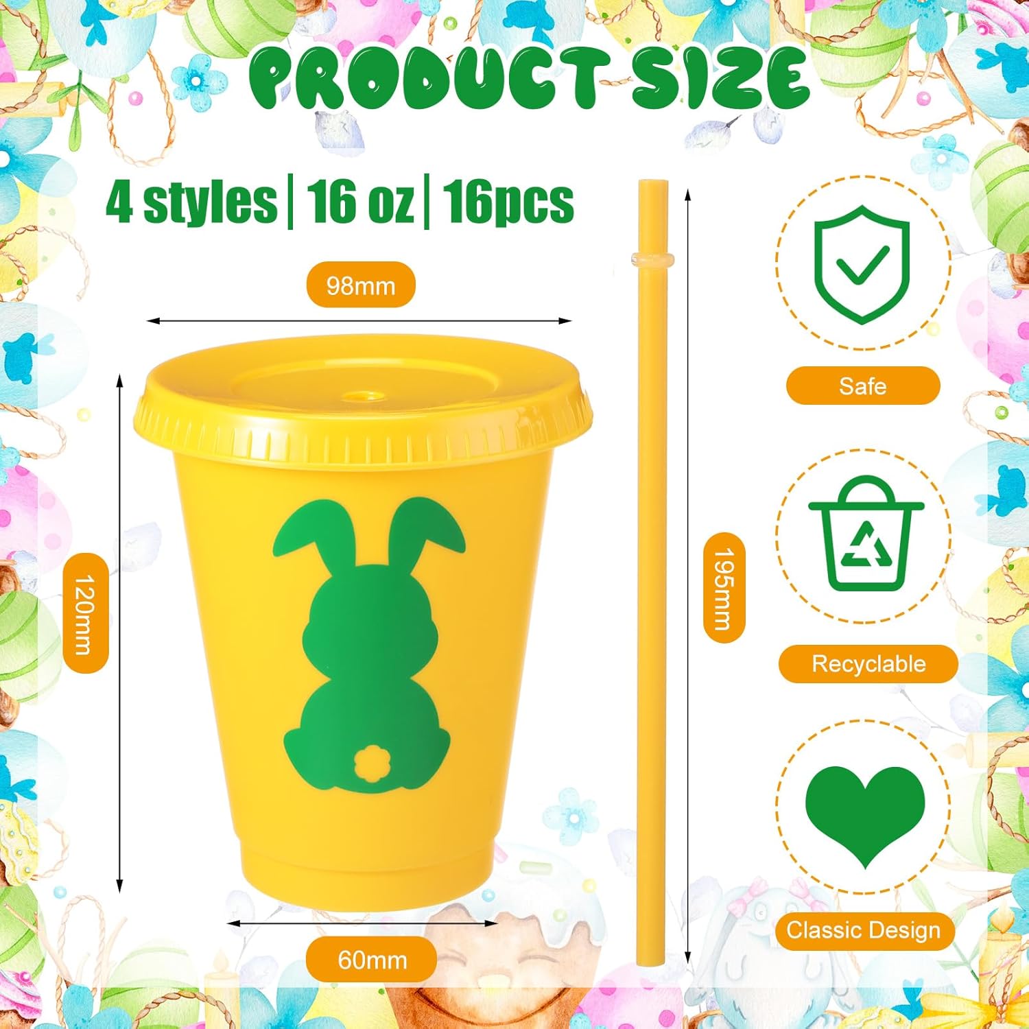 Easter Cups Bulk with Straw and Lid 16 Oz Reusable Plastic Bunny Cups Rabbit Cups for Wedding Anniversary Easter Party Supplies (24 Pcs) - Image 2