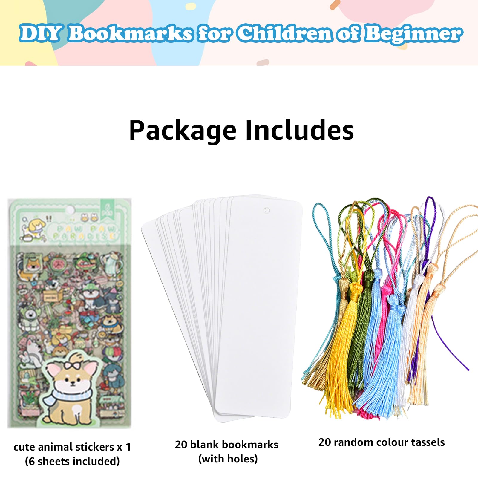 Make Your Own Bookmark, Book Mark Making for Family 20 White Blank Paper Bookmarks with 1 Pack of Stickers and 20 Tassels - Image 3