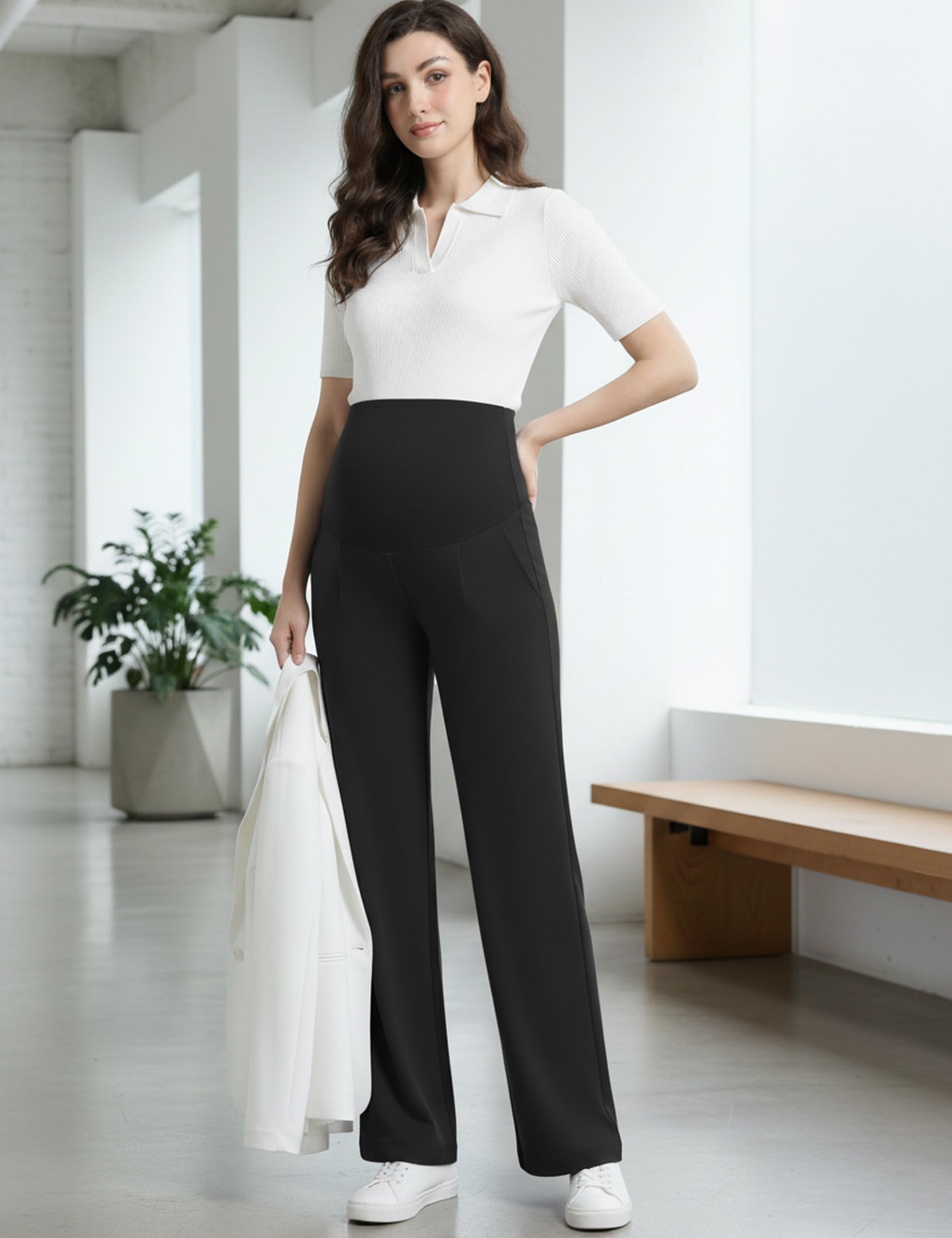 Pantalon Grossesse Femme Jambes Larges Bureau | Taille Haute, Extensible, Avec Poches, Maternité, Travail, Maison