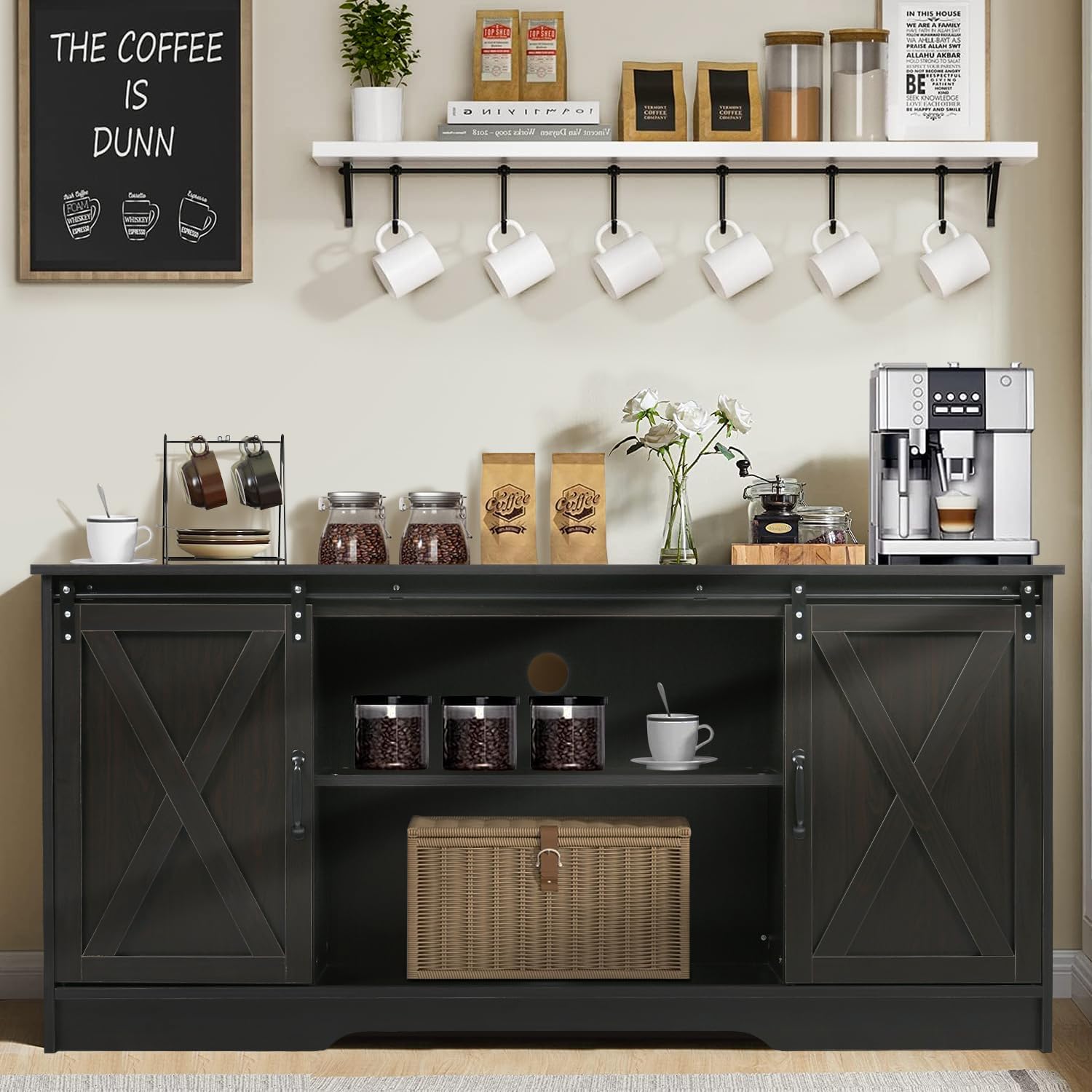 4ever2buy Farmhouse Coffee Bar Cabinet with Storage, 59'' Kitchen Buffet Cabinet with Sliding Barn Door, Coffee Bar Table with for Living Dining Room, Espresso
