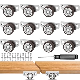 Small Side Mount Caster Wheels, Mini Low Profile Casters Set of 12 with Screws and Screwdriver, Quiet Rubber Drawer Rollers for Wooden Furniture, Underbed Storage, Trays, DIY Projects 1 inch