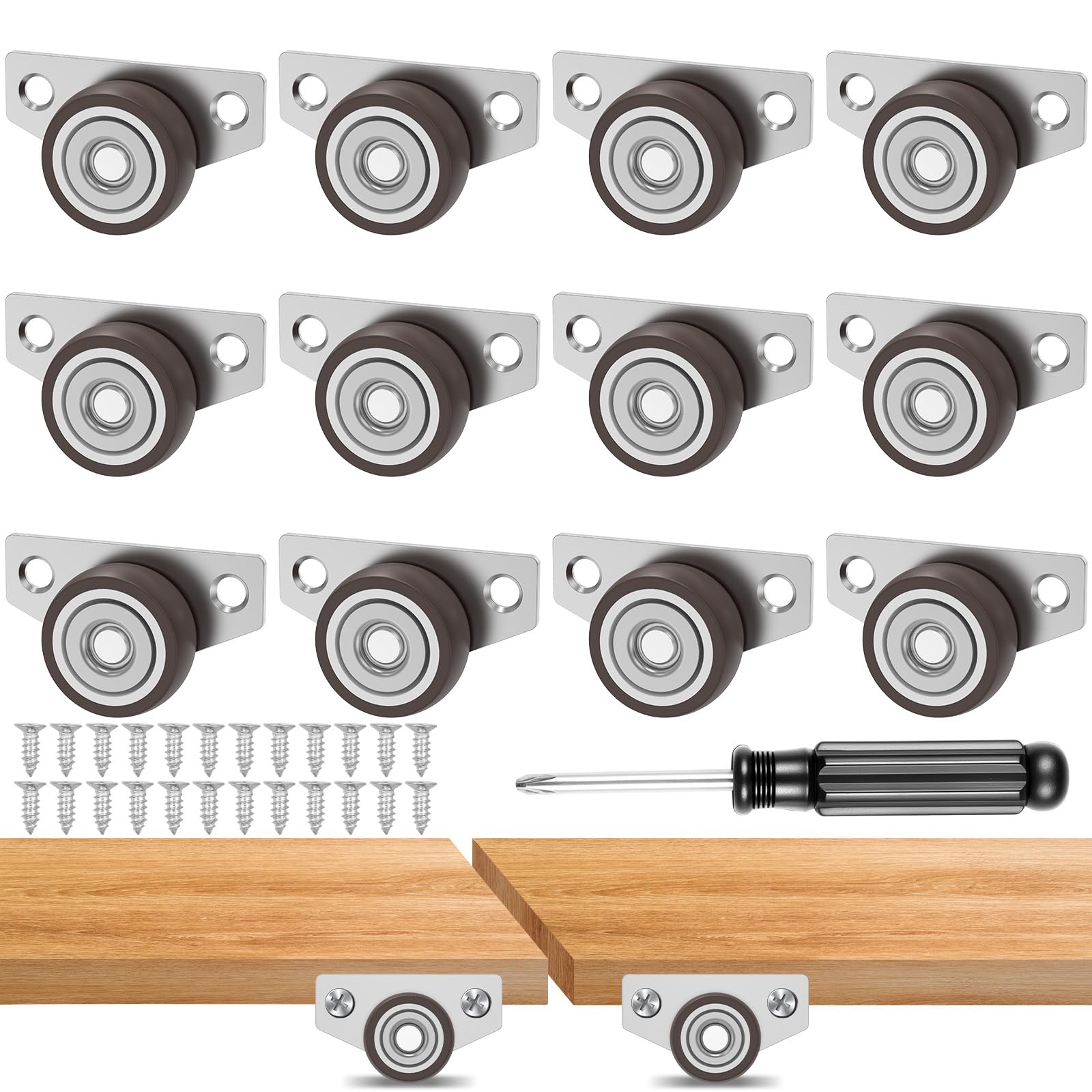 Small Side Mount Caster Wheels, Mini Low Profile Casters Set of 12 with Screws and Screwdriver, Quiet Rubber Drawer Rollers for Wooden Furniture, Underbed Storage, Trays, DIY Projects (1 inch)