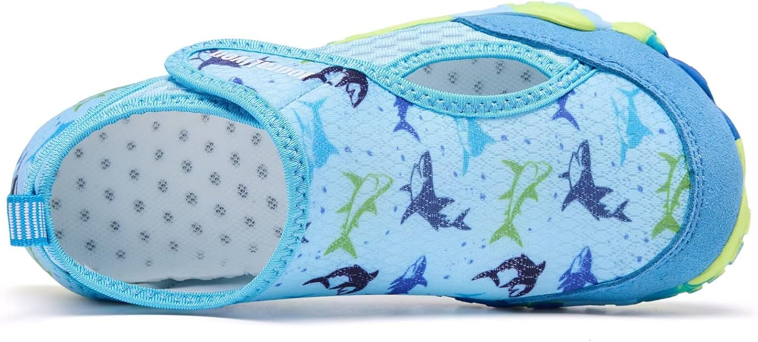 Kids Water Shoes for Boys & Girls, Toddler to Big Kids Swim Shoes with Adjustable Hook and Loop Strap, Non-Slip Rubber Sole, Quick On Off, Fun Pattern Beach Pool Shoes