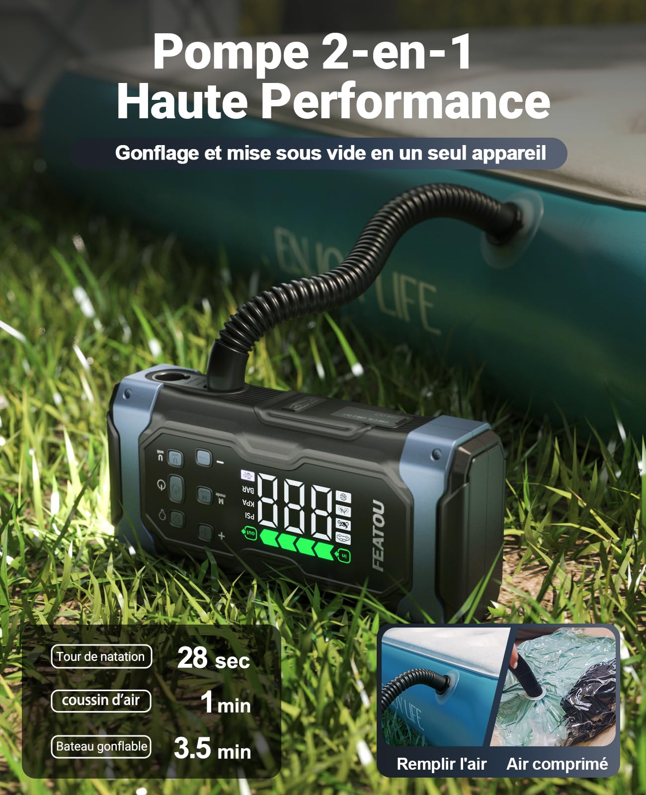 7000A Booster Batterie Voiture avec Gonfleur, Chargeur Demarreur Booster de Batterie Voiture Tous Essence et 12L Diesel, Charge Rapide 30 W, Portable Démarreur d'halloween avec 12V Compresseur