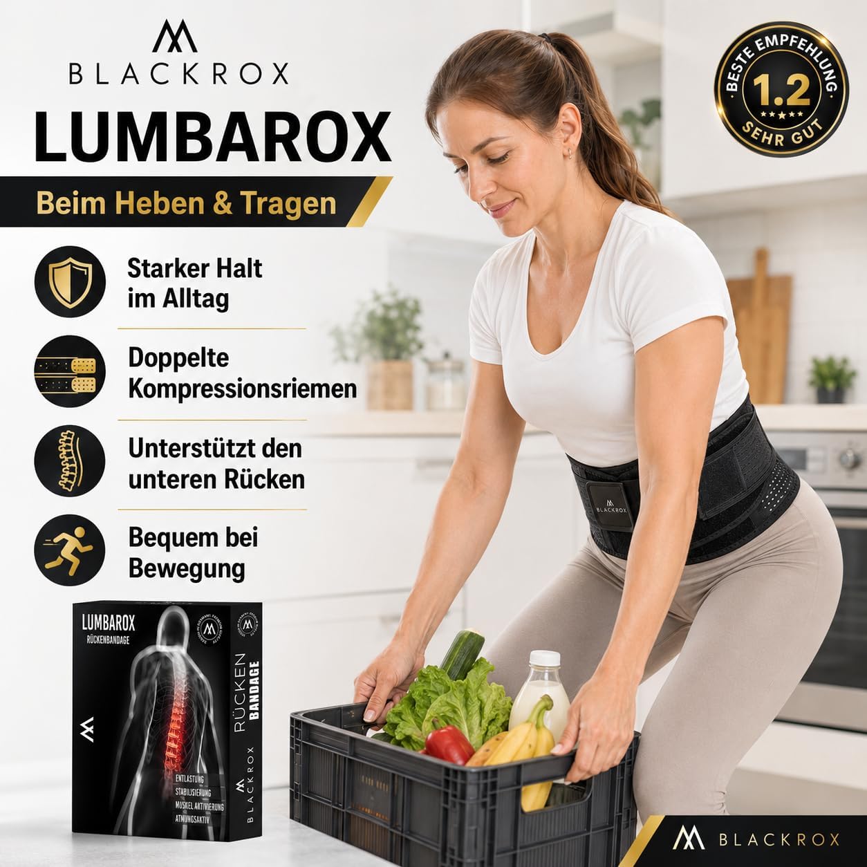 BLACKROX LUMBAROX, cintura di supporto lombare per uomini e donne, stabilizzazione della schiena, cintura di sostegno per la schiena (L, nero)