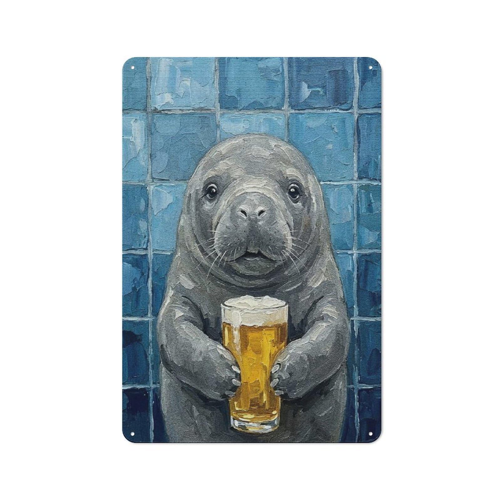 Junmoney Style-3 Manatee With Beer Painting Warehouse Style Metal Wall Decor 30X20cm, Tin Wall Sign For Modern Home, Workshop, Office Or Cafe