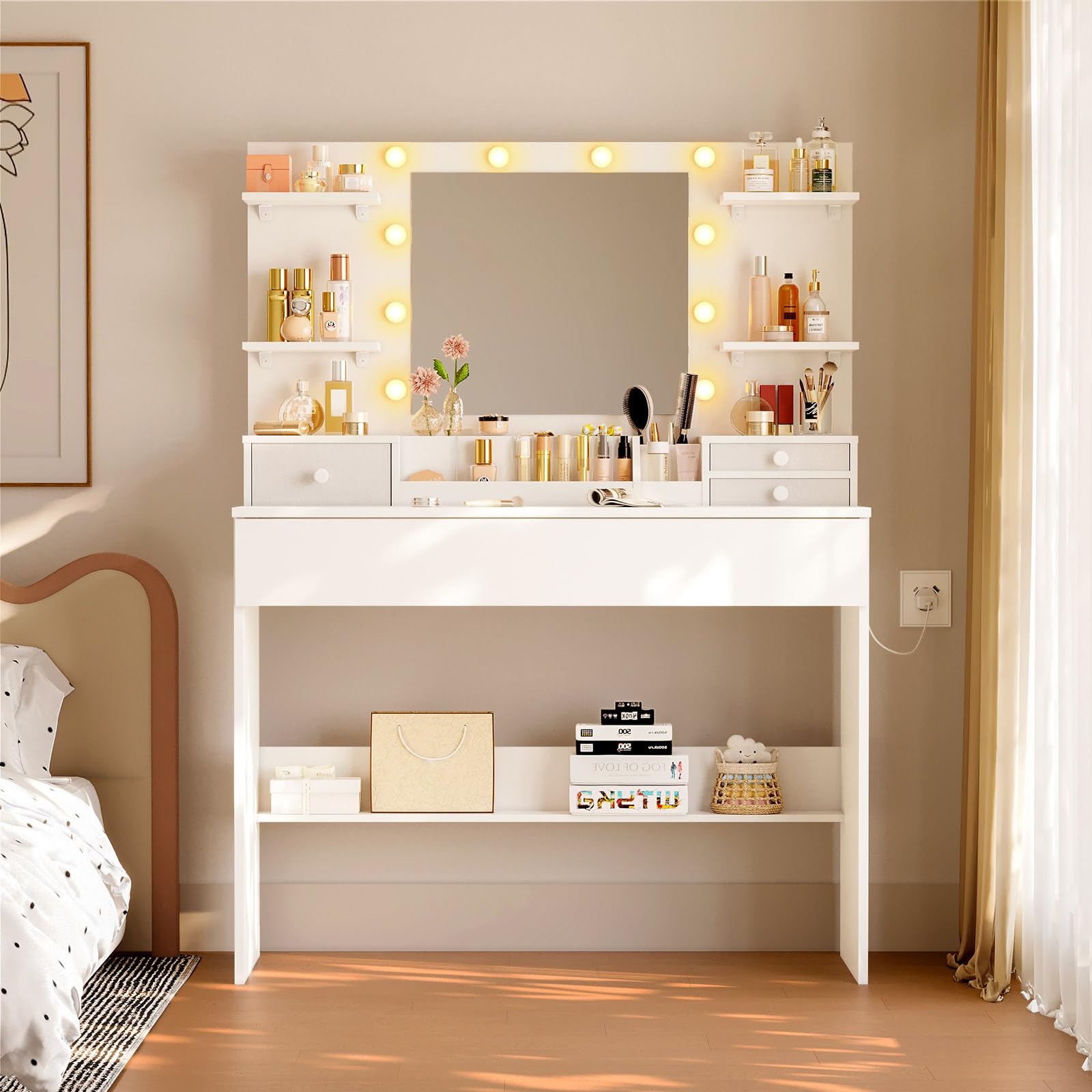 Coleshome Tocador de Maquillaje con Espejo LED y 10 Luces, Mesa de Maquillaje, Tocador Blanco con Cajones, Organizador y Estantes, Moderno para Dormitorio, 100x40x136cm