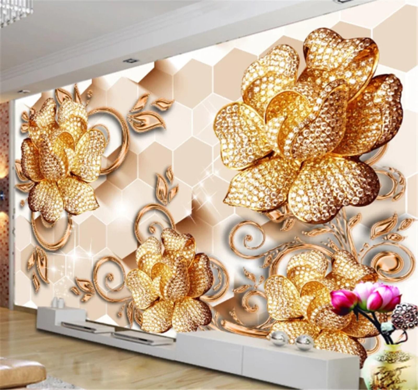 XLMING Affordable Luxury Opulent Gold Diamond Flowers 3D Wallpaper Luxury Silk Study Dining Feature Sofa Grey Bedroom Living Room Tv Decorative Wall-400cm×280cm