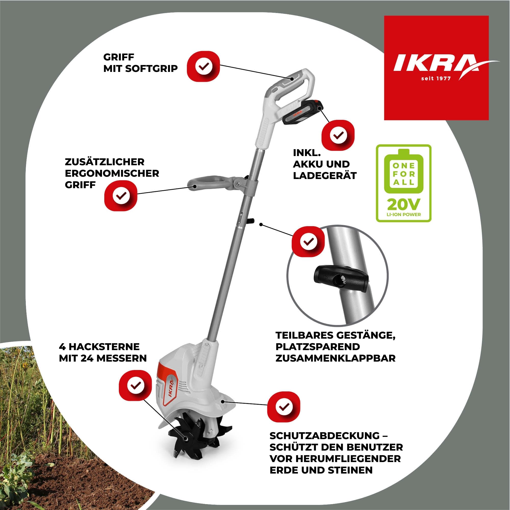 IKRA Bodenhacke IAMH 20, Arbeitsbreite 19cm, inkl. Akku & Ladegerät | Boden lockern und Saatbett vorbereiten, Arbeitstiefe bis 15,5cm, leicht, platzsparende Lagerung, 20V-Akku-Familie von IKRA