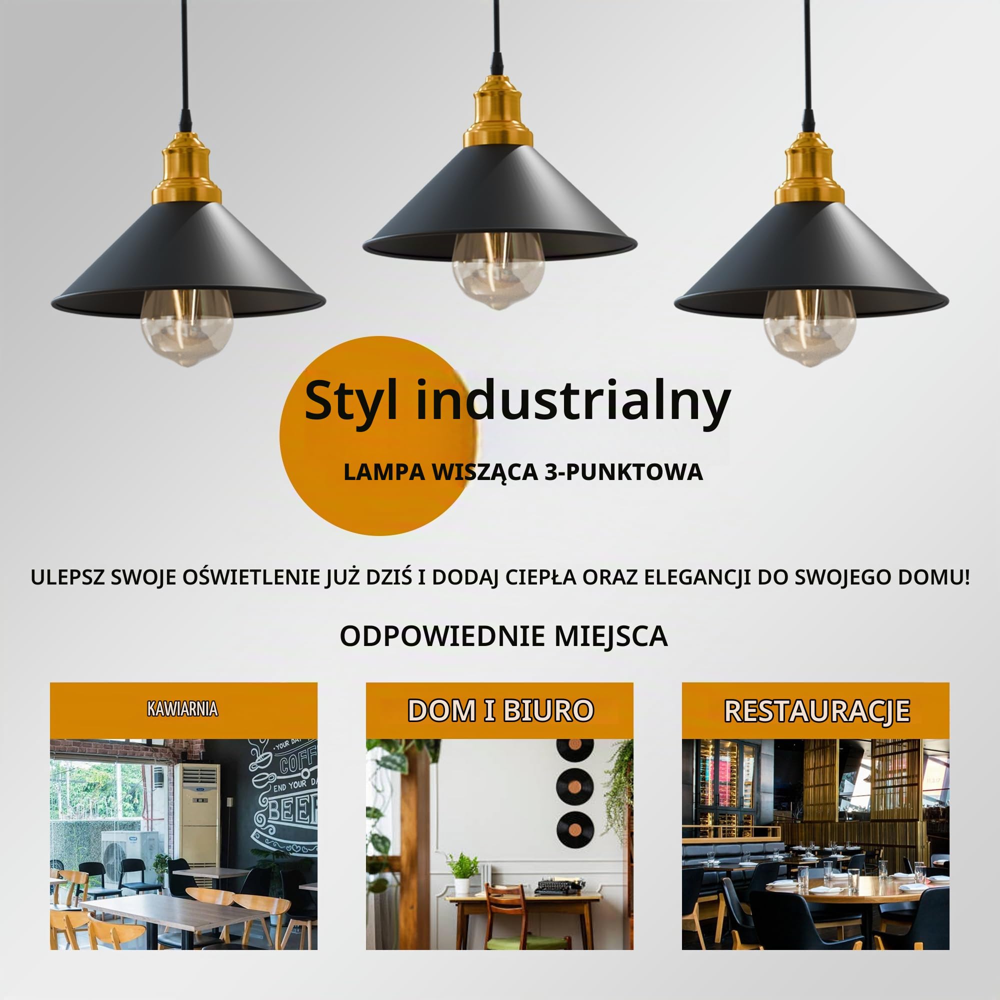 LEDSone 3-głowicowa czarna vintage industrialna lampa sufitowa wisząca klosz loft styl metalowa sufitowa lampa wisząca do wyspy kuchennej, salonu, jadalni E27 UK oświetlenie