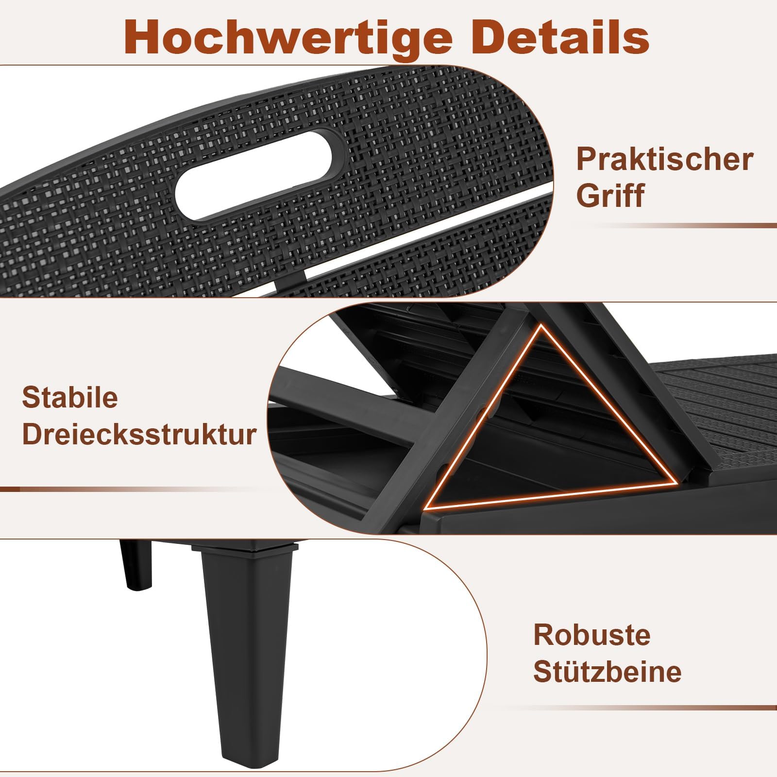 FANTASK Sonnenliege Kunststoff 2er Set, wetterfeste Gartenliege mit Verstellbarer Rückenlehne, Balkonliege, Terrassenliege, Liegestuhl bis 160 kg belastbar für Garten, Terrasse (Schwarz)