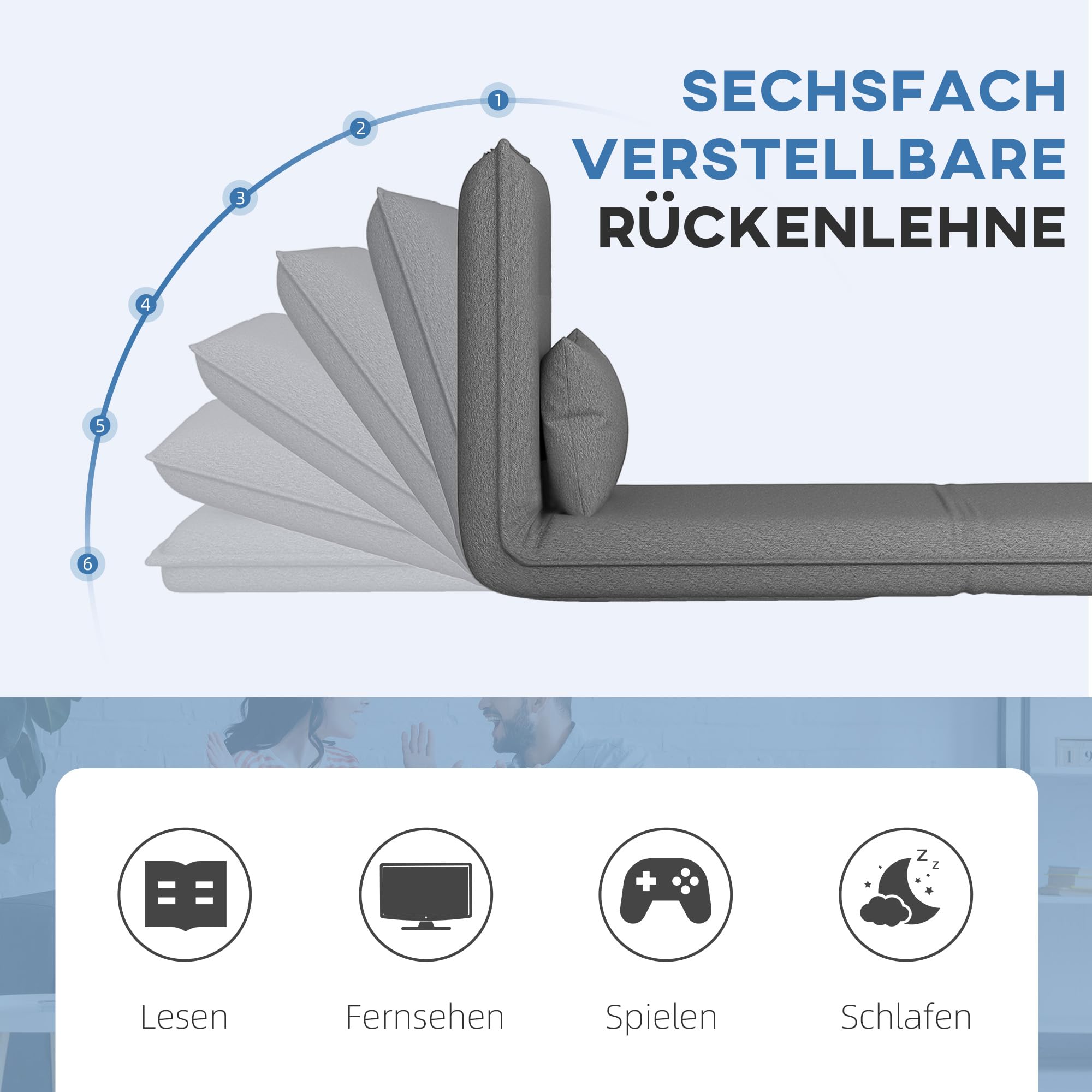 HOMCOM Bodensofa 3-in-1 Klappbar Schlafsofa mit 6-Fach verstellbar Rückenlehne Kissen Gepolstert Sofabett mit Schlaffunktion, bis 150 kg belastbar, für Schlafzimmer, Wohnzimmer, Dunkelgrau