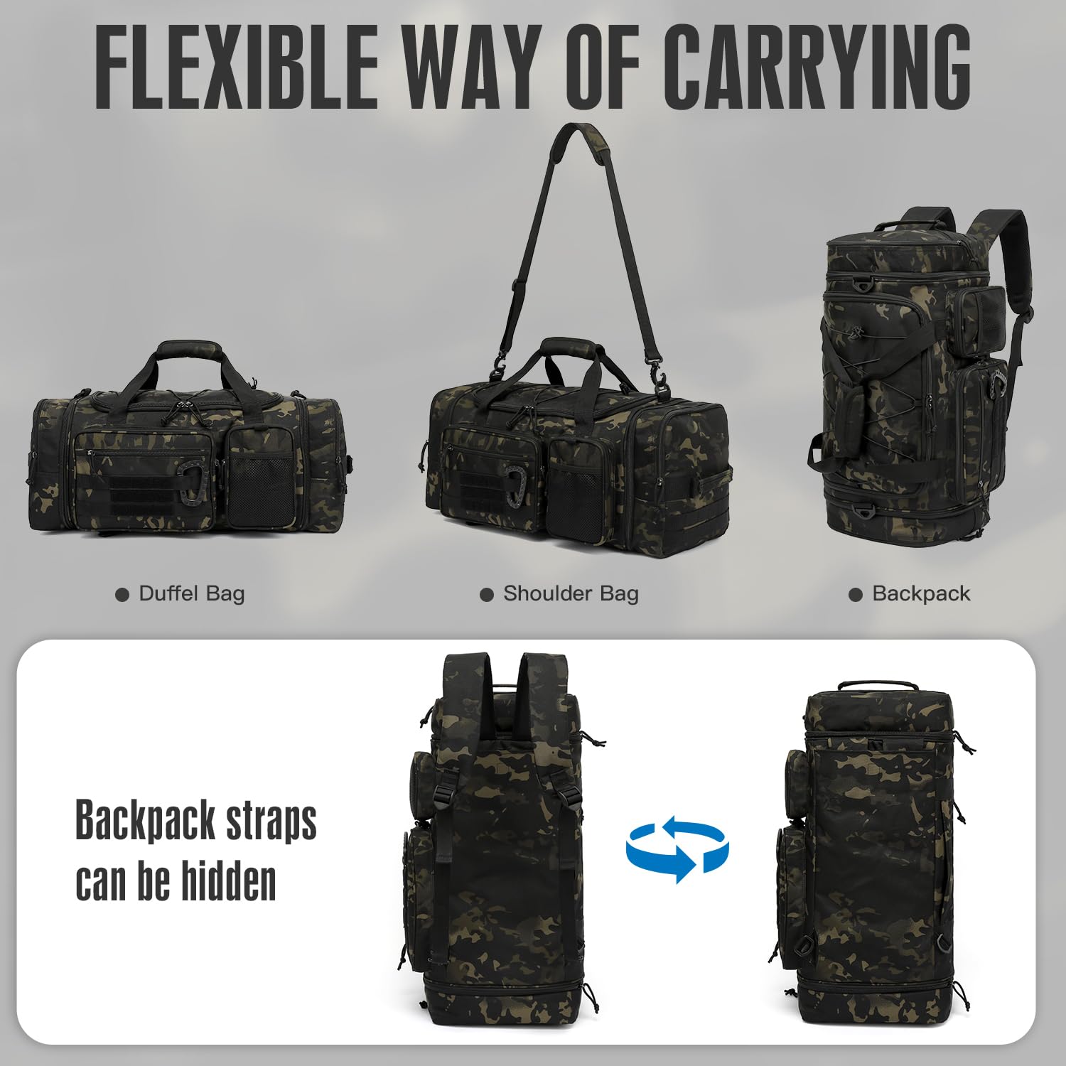 Borsone Tattico Palestra Uomo 50-55 Litri Espandibile 3 in 1 Borsa Zaino Sportiva Grande Militare da Viaggio con Scomparto per Scarpe e Tasca Bagnata per Allenamento, Viaggi, Campeggio, Camo