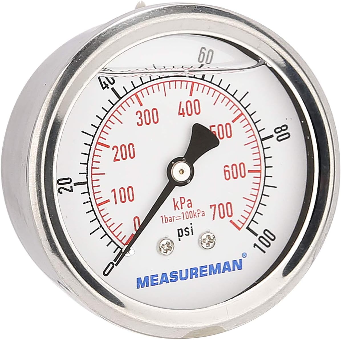 MEASUREMAN 2-1/2inch Dial Size, Glycerin Filled Pressure Gauge, 0-100psi/kpa, 304 Stainless Steel Case, 1/4 Inch NPT Center Back Mount