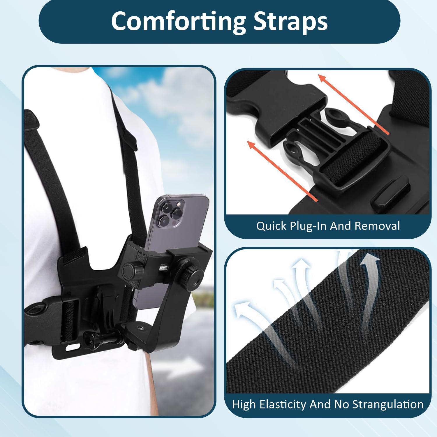 TECHONTO® Adjustable Chest Strap Mount with Mobile Holder Clip & Screw Compatible with All Smartphones Body Belt Harness for GoPro Hero, SJCAM, Yi & Other Action Cameras Hands-Free Mount – Black 3