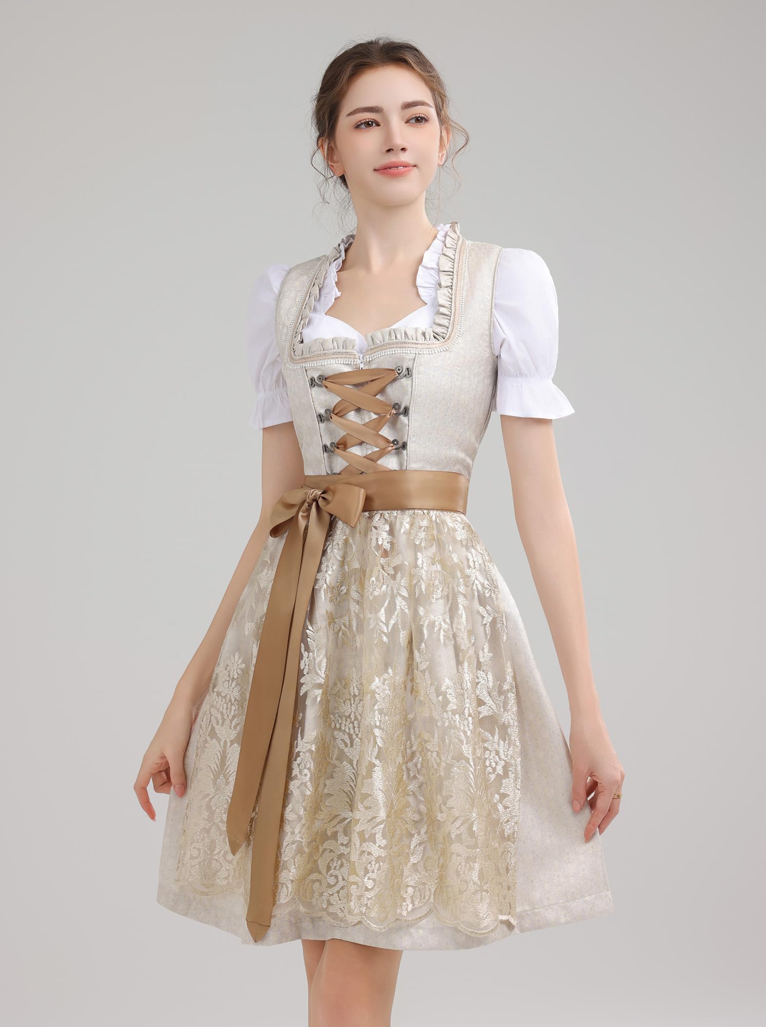 Dirndl Damen Midi Dirndlkleid Trachtenkleid Lang Trachtenrock 3 Teilig | Dirndl Damen Oktoberfest Outfit Dresses Trachten Dirndelkleider Komplett Set mit 3 Teilig Dirndl Bluse Dirndlkleid Schürze