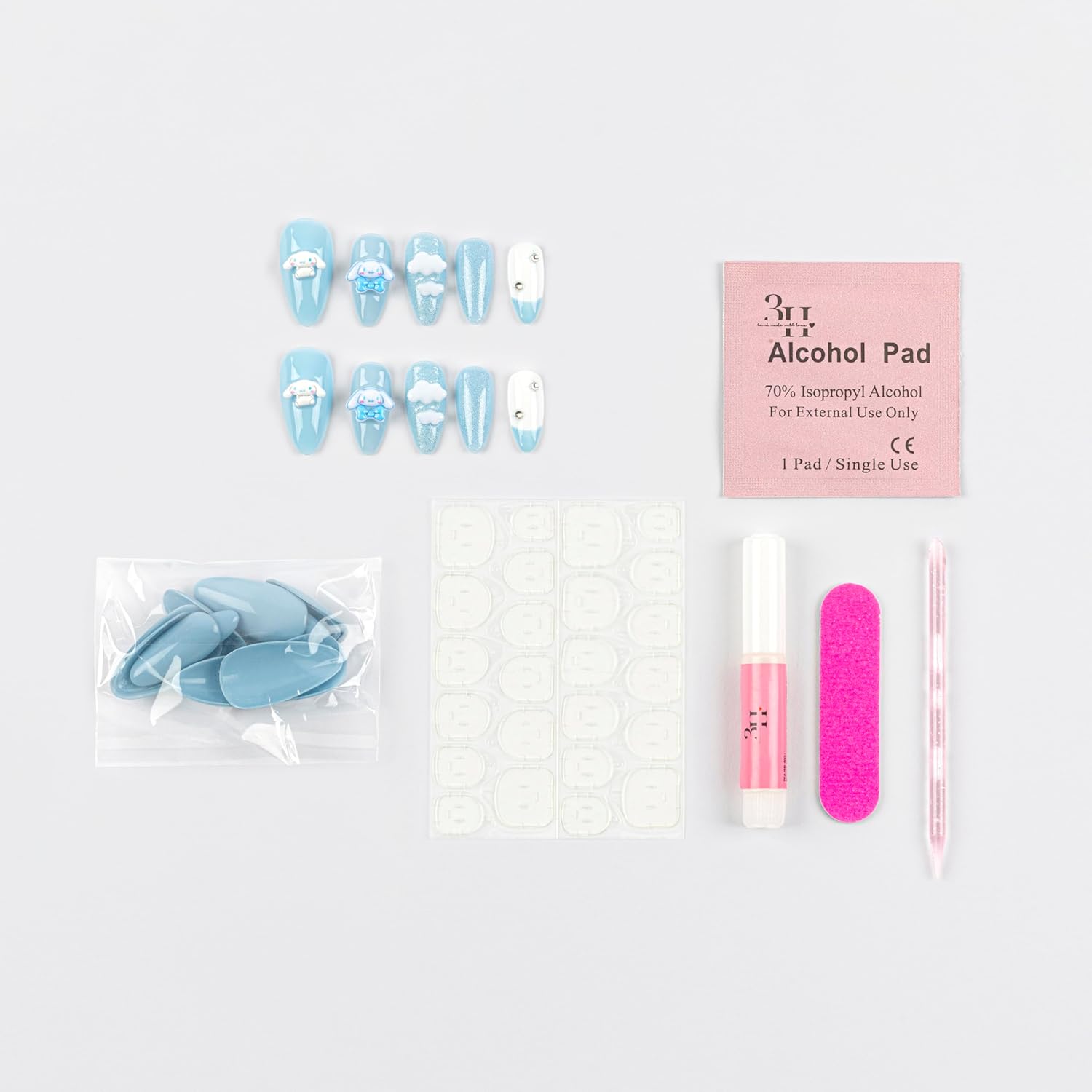 First-Ever 3D Cinnamoroll Full Cover Press-On Nails | Luxury Handmade Sanrio Kawaii False Nails with Charms, Gems & 3D Clouds | Full Kit 24pcs for All Ages + Glue & Tabs