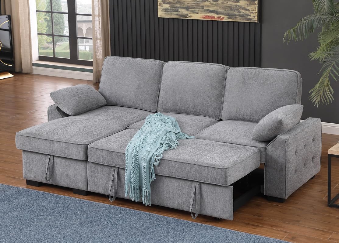 Lilola Home Mackenzie 91-inch Chenille Fabric Reversible Sleeper Sectional Sofa with Storage Chaise, Drop-Down Table, Cup Holders & USB/USB-C Charging Ports, Easy Assembly, Living Room — Light Gray