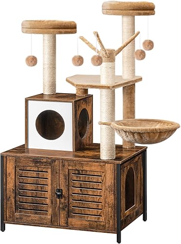 Árbol para gatos con caja de arena, postes rascadores, muebles de caja de arena para gatos de interior, casa de condominio de madera todo en uno con