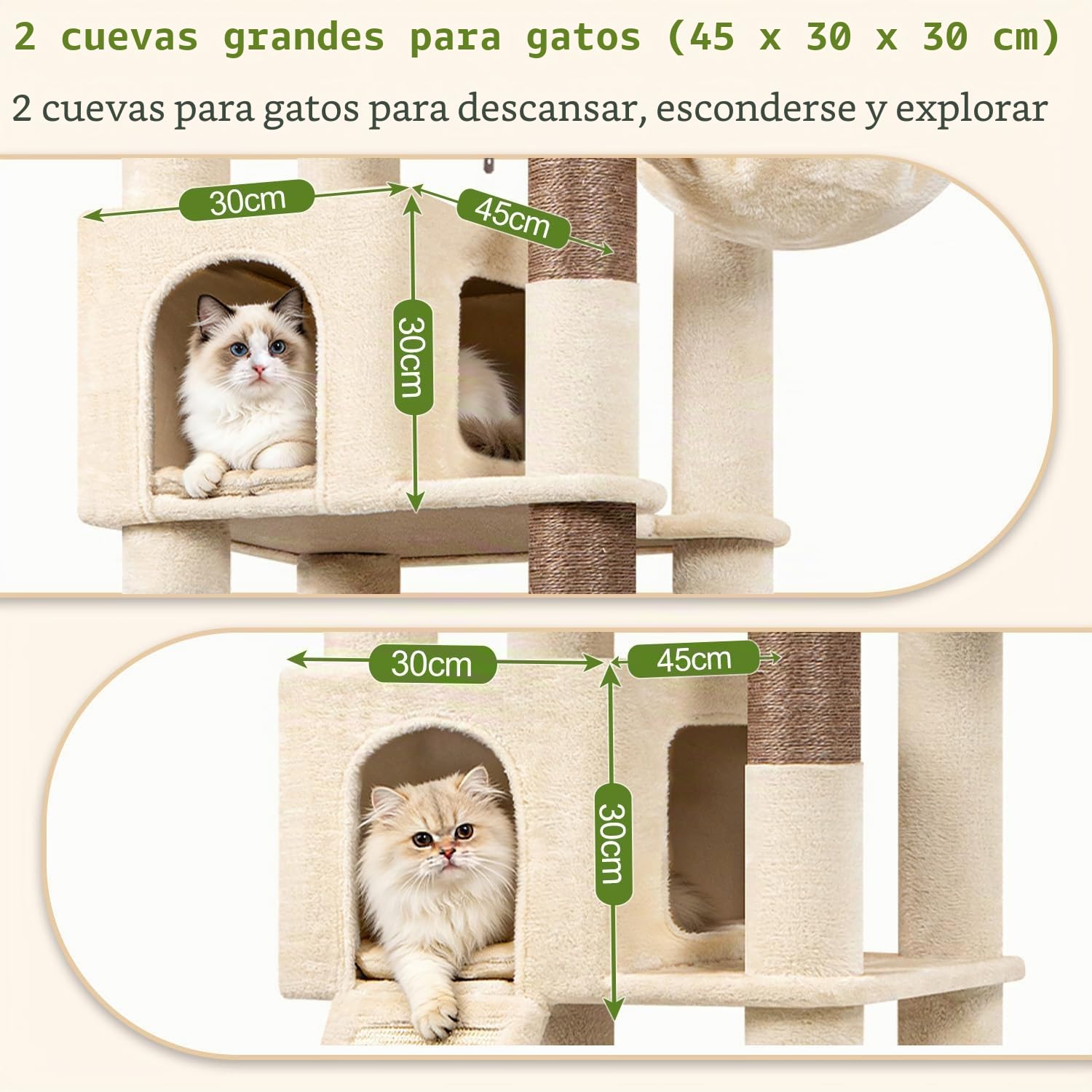 Globlazer Beige Arbol Gatos XXL 204 cm con 2 Grandes Nidos 45 * 30 * 30cm, Inmenso Plataformas Acolchada, Tabla Sisal, 2 Cesta, Estable Esquinero Rascador para Gatos Descansar Rascarse (C80, Beige)