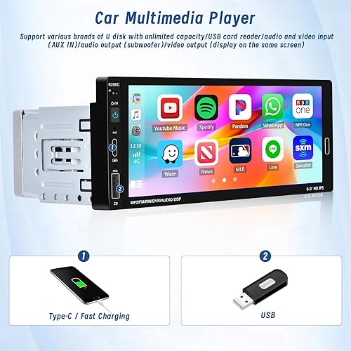 Miniatura 6 de Estéreo de coche de un solo DIN con Carplay Tipo-C y puerto USB Android Auto, pantalla táctil HD de 6.9 pulgadas, audio remoto para automóvil con