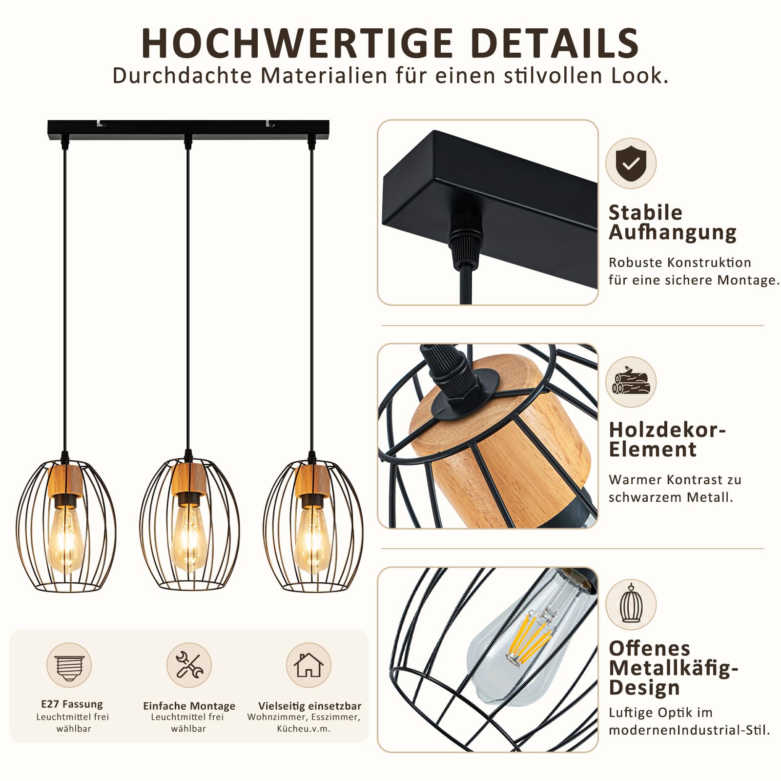 Hängelampe Vintage Pendelleuchte Esstisch - 3 flammig Esstischlampe | Hängend Schwarz Hängeleuchte Metall & Holz E27 Retro Pendellampe für Wohnzimmer Schlafzimmer Küche (Ohne Leuchtmittel)