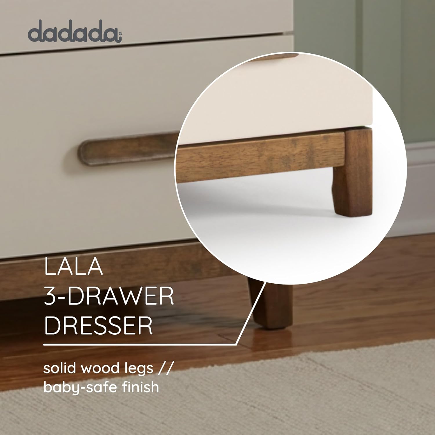 dadada LaLa 3 Drawer Dresser for Nursery - Modern Design, Deep Drawers, Baby-Safe Finish, Anti-Tip Safety, Durable Construction, Maximum Storage for Small Spaces, 39"W|34"H|19"D. (Almond Milk+Walnut)