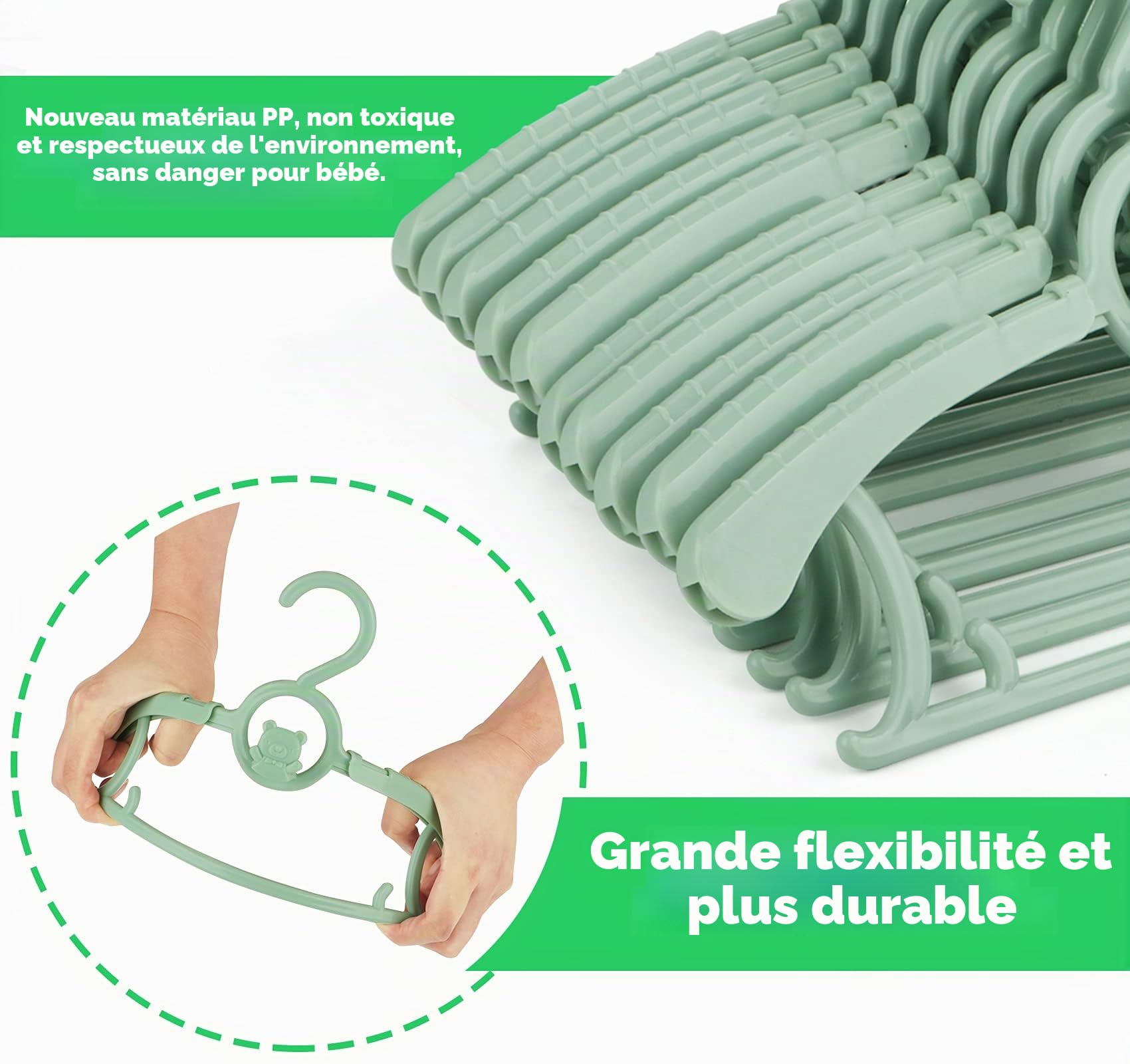 Anstore 20 Cintres en Plastique pour Enfants, 29-37cm Cintres Extensibles pour Bébé avec Crochets Empilables, Cintres Enfant pour économiser de l'espace, Antidérapants Cintres pour Vêtements (Vert)