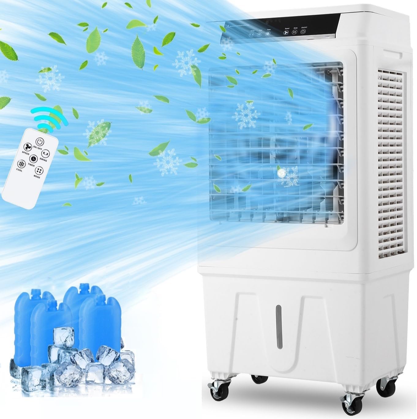 Evaporative Air Cooler 3000CFM Swamp Cooler with Large 10.3 Gallon Water Tank, Includes 4 Ice Packs, Remote Control, 12 Hour Timer, Portable Cooling Fan with 3 Speeds for Indoor and Outdoor Use