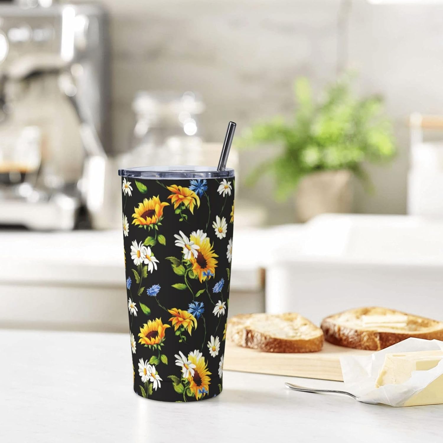 Sunflowers Black Tumblers, Sunflower 20oz Stainless Steel Insulated Travel Tumblers,Travel Coffee Mug with Lid and Straw Cups Gifts for Women Men - Image 7