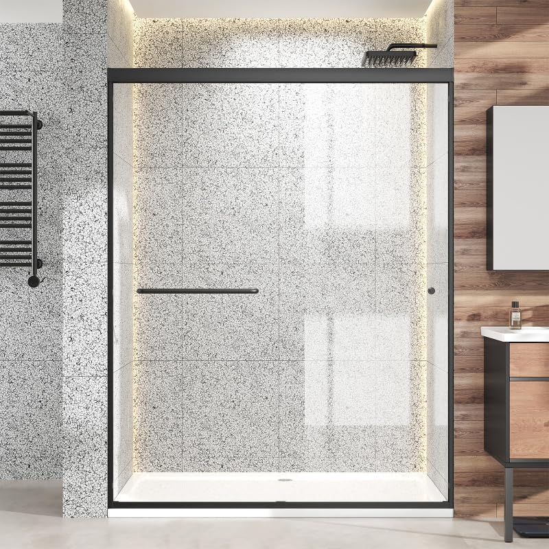 double sliding shower door 56"-60" w x 72" h, bathroom glass shower door 1/4" (6mm) tempered clear glass with nano coating, ansi cerified, bypass shower, easy install, matte black