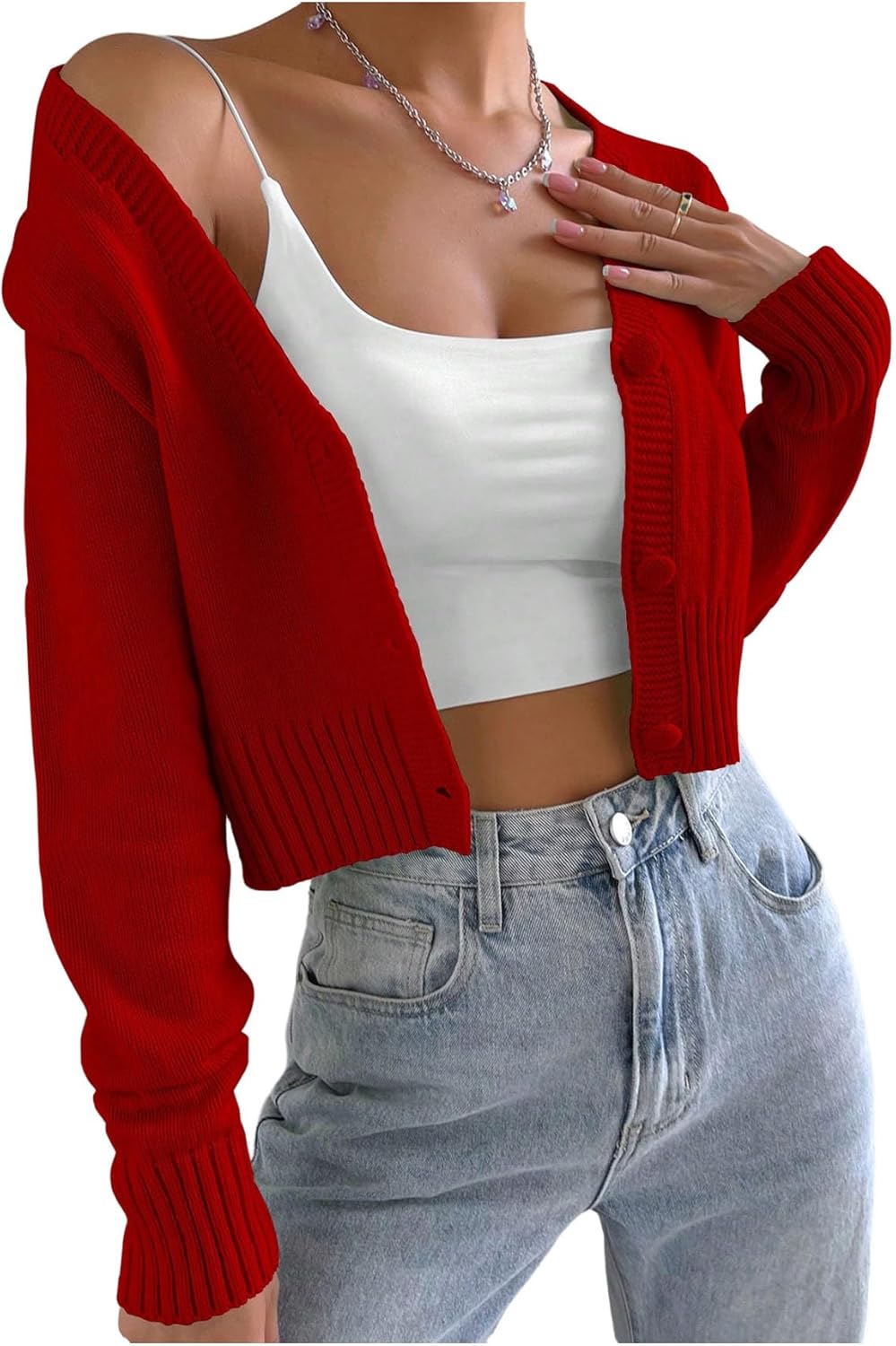 GORGLITTER Women's Long Sleeve Button Up Cropped Cardigan Casual Dressy Fall Sweaters Trendy Open Front Y2k Knit Top