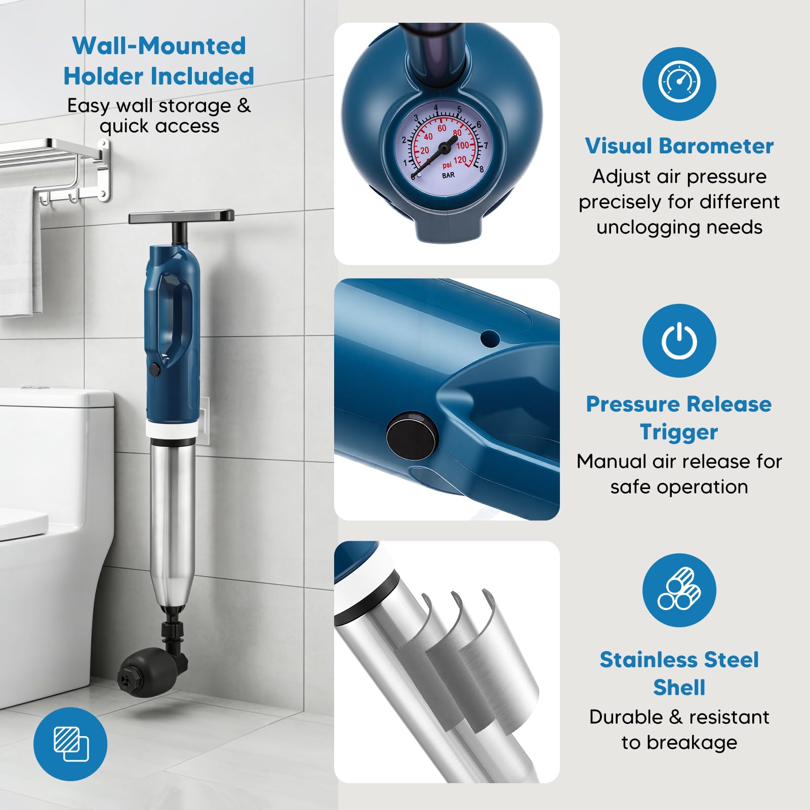 Desatascador Tuberias, Desatascador Pesado con Barómetro Visual, 4 Cabezales Reemplazables para Desatascar Inodoros, Lavabos, Bañeras, Desagües, Suelos, Soporte de Pared Incluido