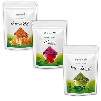 Elemensis Naturals Pure & Natural Organic Hibiscus Flower, Orange Fruit peel, Neem Leaves Powder - (Each 100 gm)