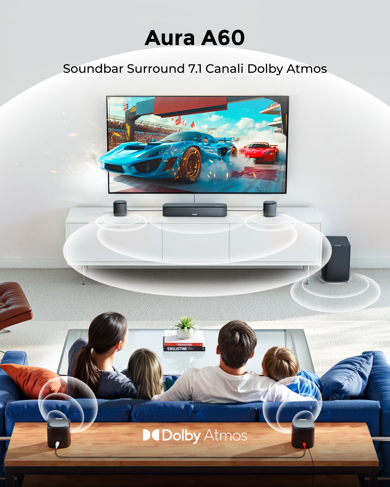 ULTIMEA 7.1 Dolby Atmos Soundbar, con Subwoofer, Soundbar TV con Controllo via APP, Audio Surround Cinema 3D con 4 Altoparlanti Surround, TV Altoparlante con HDMI eARC da 350W, Bluetooth, Aura A60