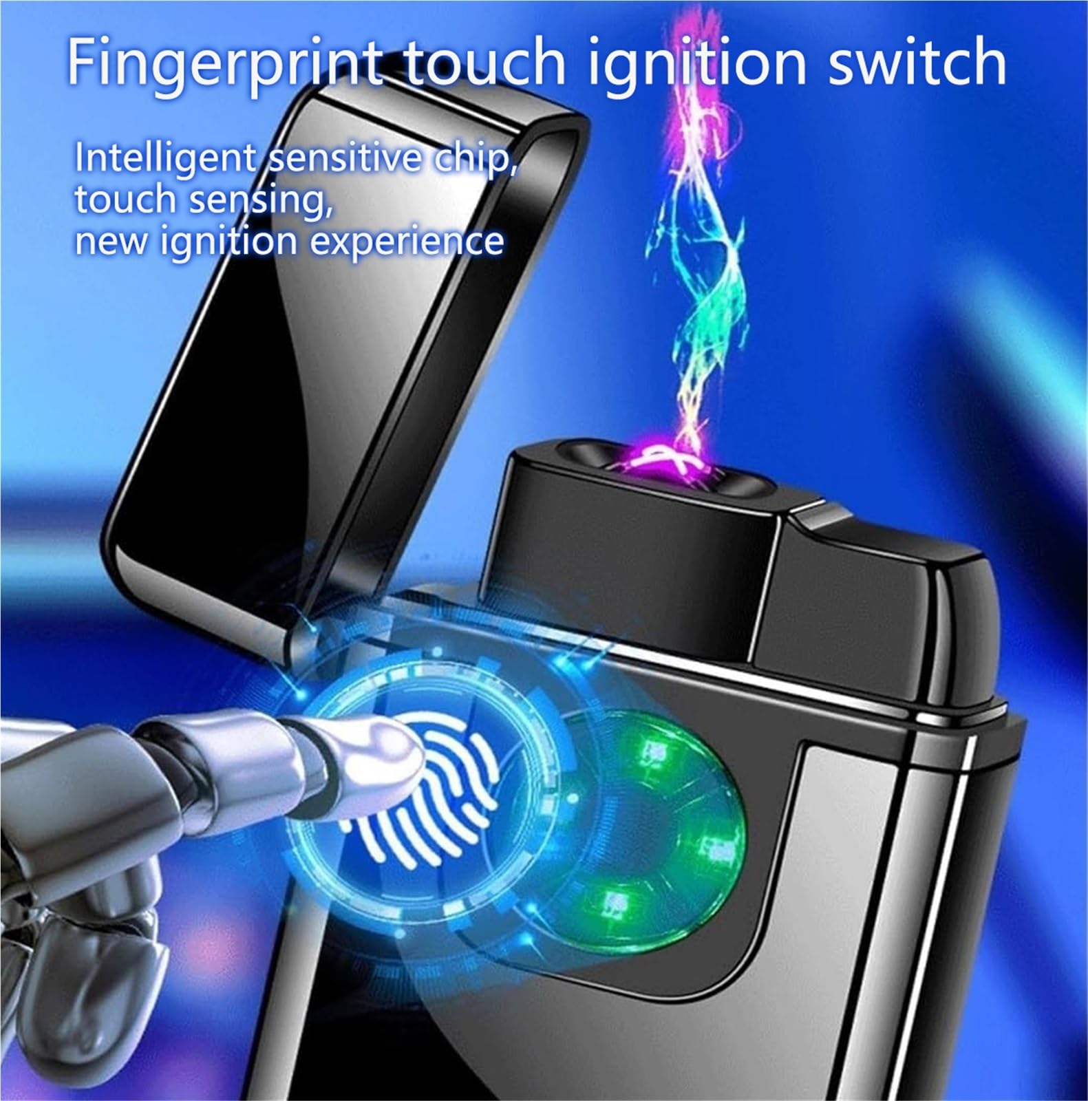 Briquet Coupe-Vent avec Capteur D'empreintes Digitales, Briquet Butane, Flamme Bleue Droite Réglable avec Réservoir De Carburant Visible (Butane Non Inclus)(Black)