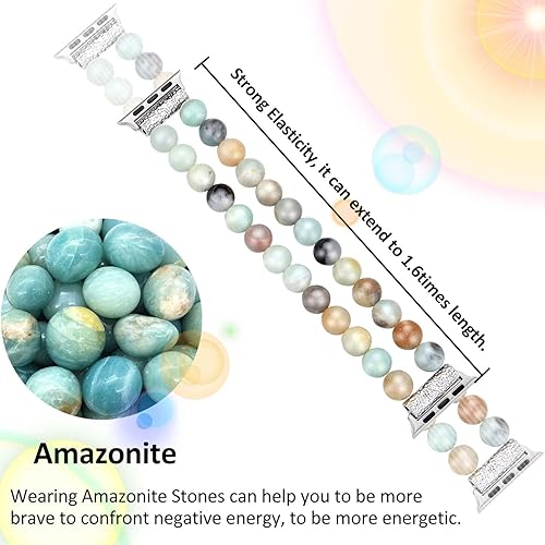 Miniatura 8 de fastgo Correa de cuentas y piedra natural compatible con Apple Watch de 1.496 pulgadas, 1.575 pulgadas, 1.614 pulgadas, correa elástica con cuentas