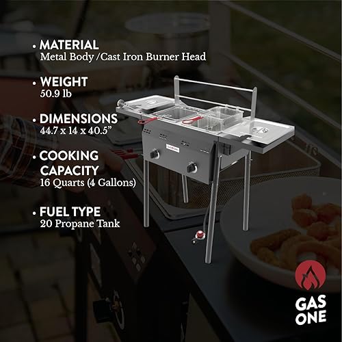 Miniatura 3 de GasOne - Freidora de propano para exteriores, quemadores dobles, cestas y tapas extraíbles de 16 cuartos de galón, carrito de freidora de aceite con