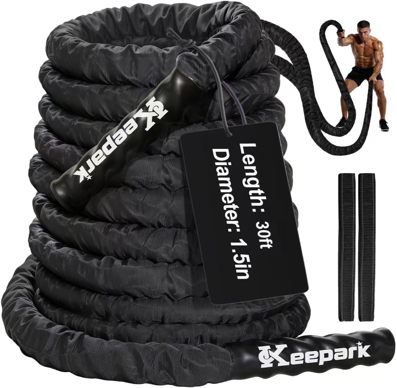 Battle Rope for Home Gym – 1.5 Inch 30FT Heavy Exercise Rope with Wear-Resistant Nylon Sleeve & Anchor Strap