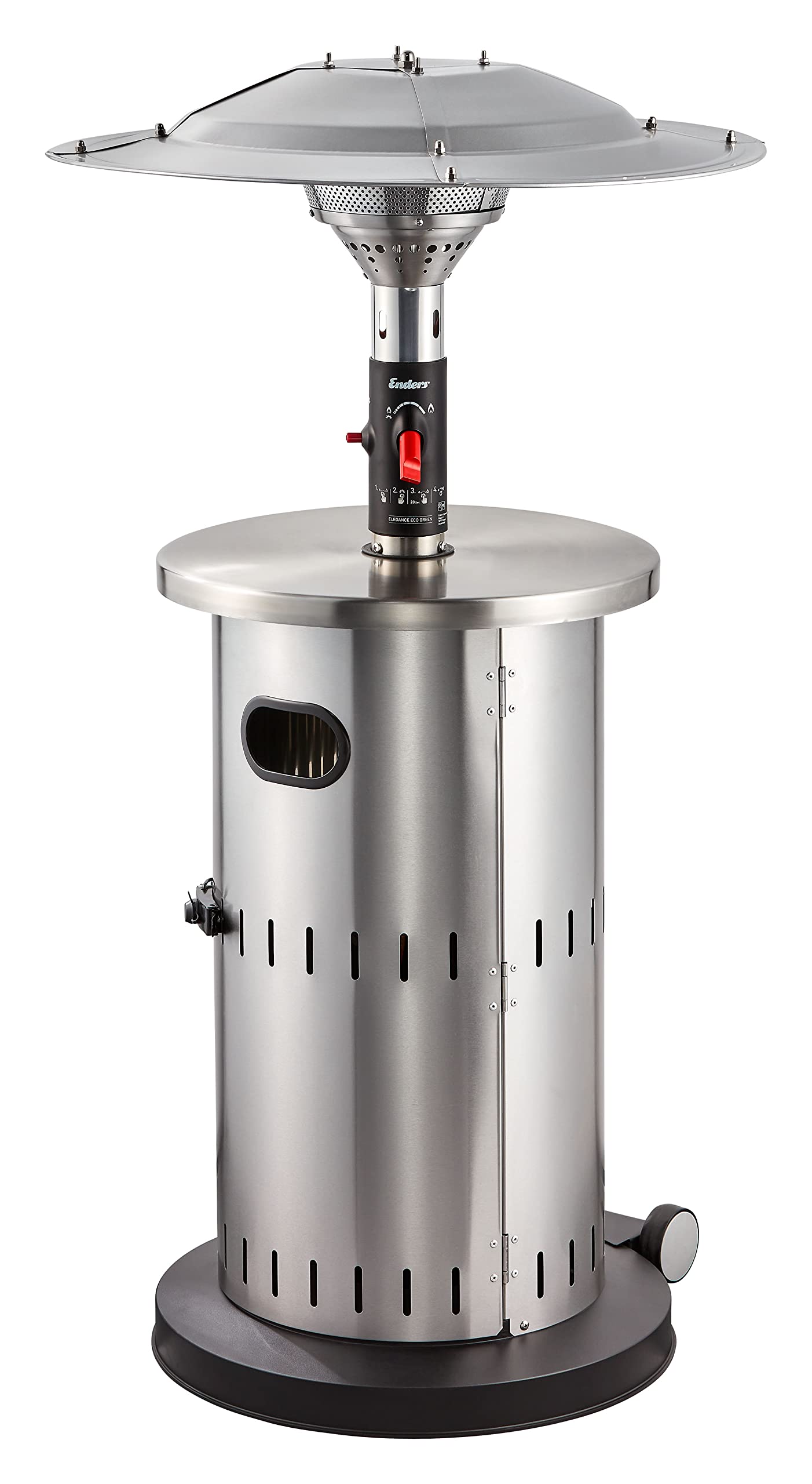 Enders® Terrassenheizer Solid Eco Green, Heizpilz mit stufenloser Regulierung, ECO-Brenner, höhenverstellbar, Transporträder, Umkippsicherung, 6kW, #5802, Edelstahlfarben