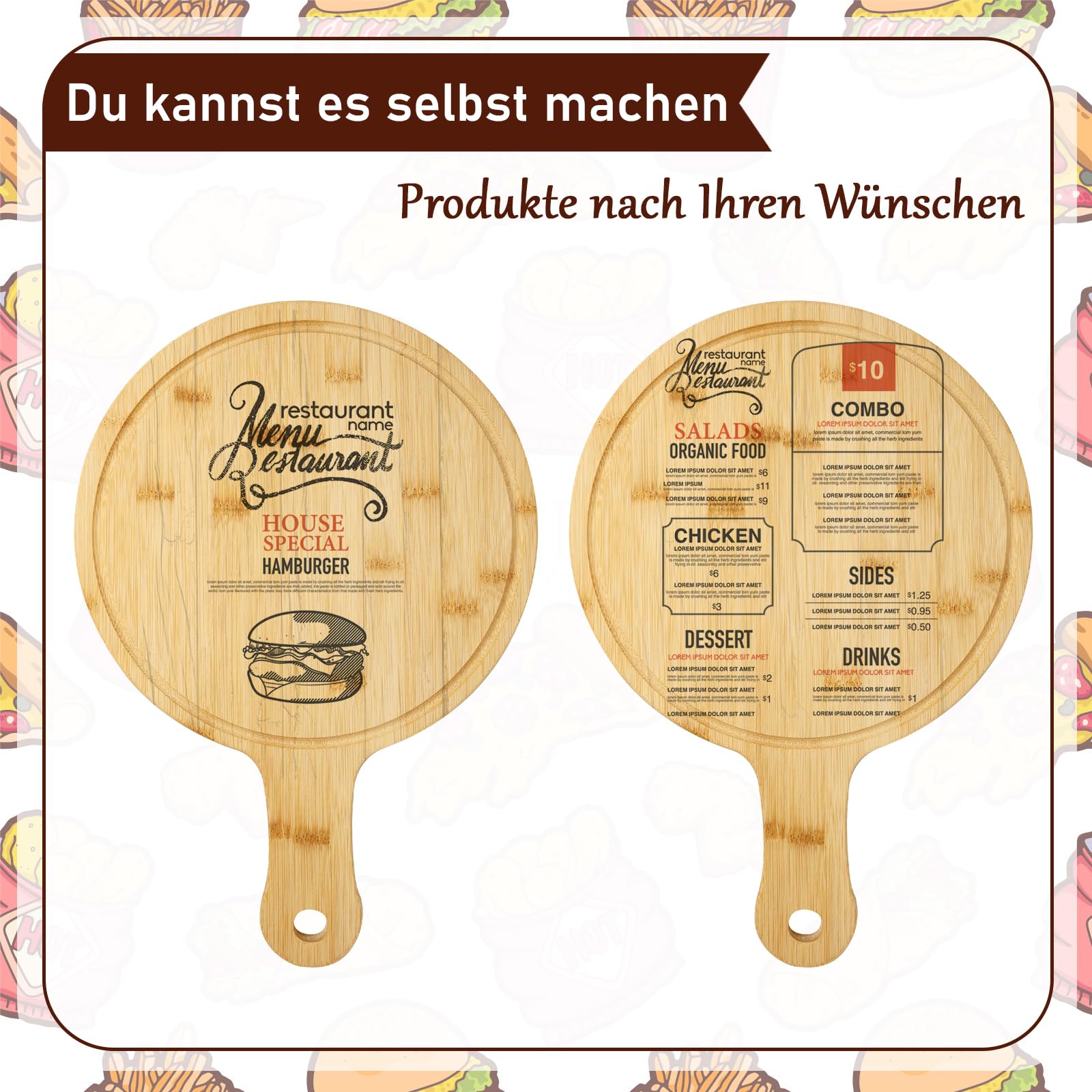 5 tablas de cortar de bambú con asa, tablas de servir redondas, tablas de cocina y tablas de madera para pizza, pan, queso, frutas, verduras, 40 x 28 cm