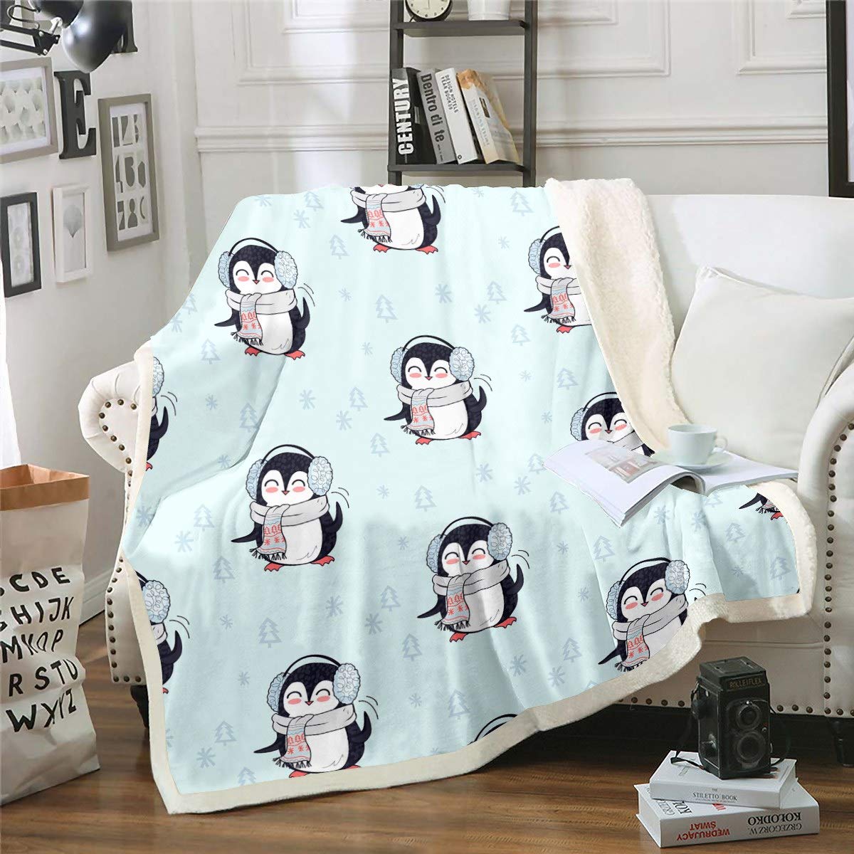 Loussiesd Multicolored 13236 Kids Cartoon Penguin Fuzzy Blanket Funny Animal Fleece Sherpa Blanket Cute Polar Animal Plush Throw Blanket For Sofa Couch Bedroom Decor Winter Blue Flannel Blanket Single 50"X60"