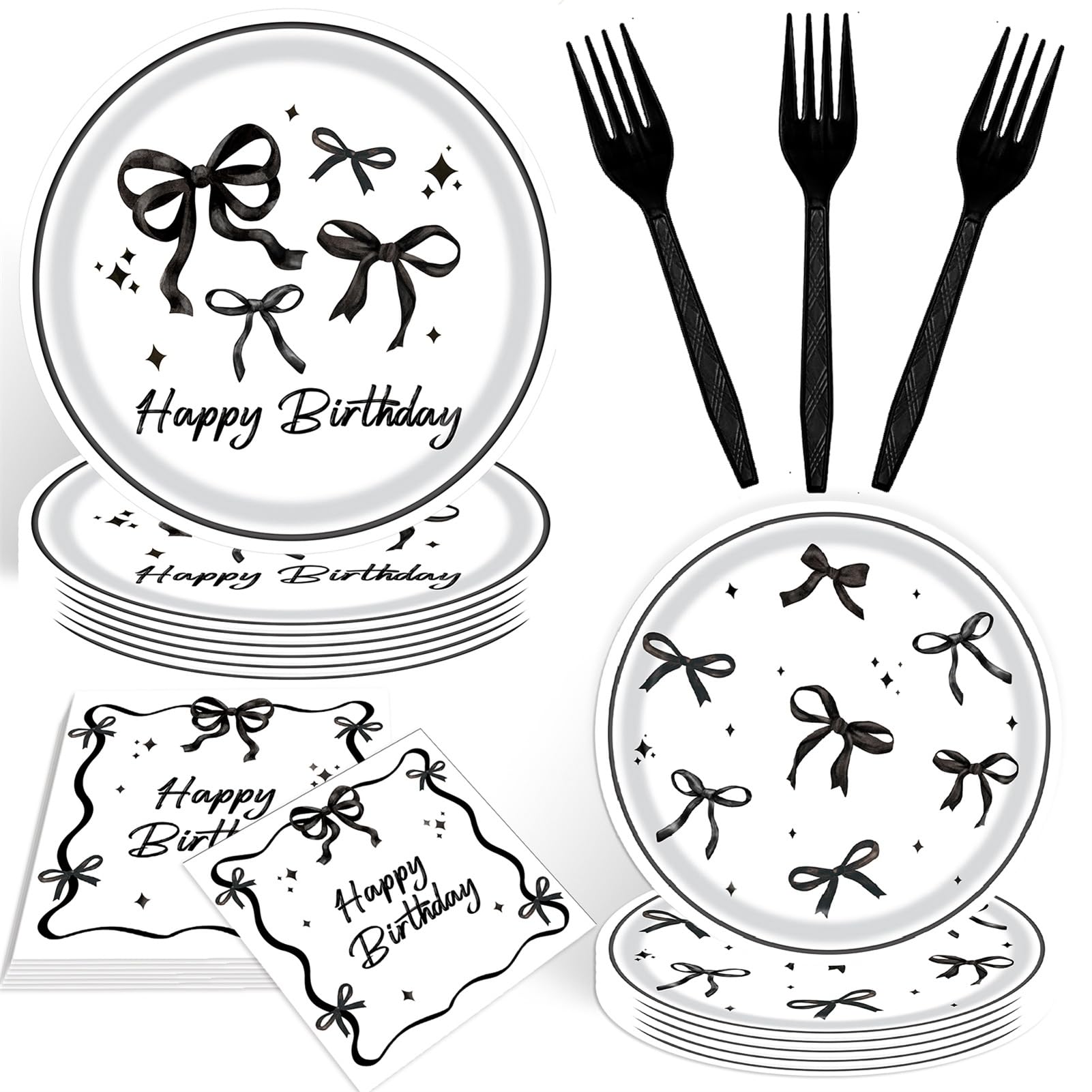 Black Bow Plates and Napkins Black and White Bow Napkins Plates Forks Tableware Set for Baby Shower Decorations Girls Coquette Birthday Party Décor