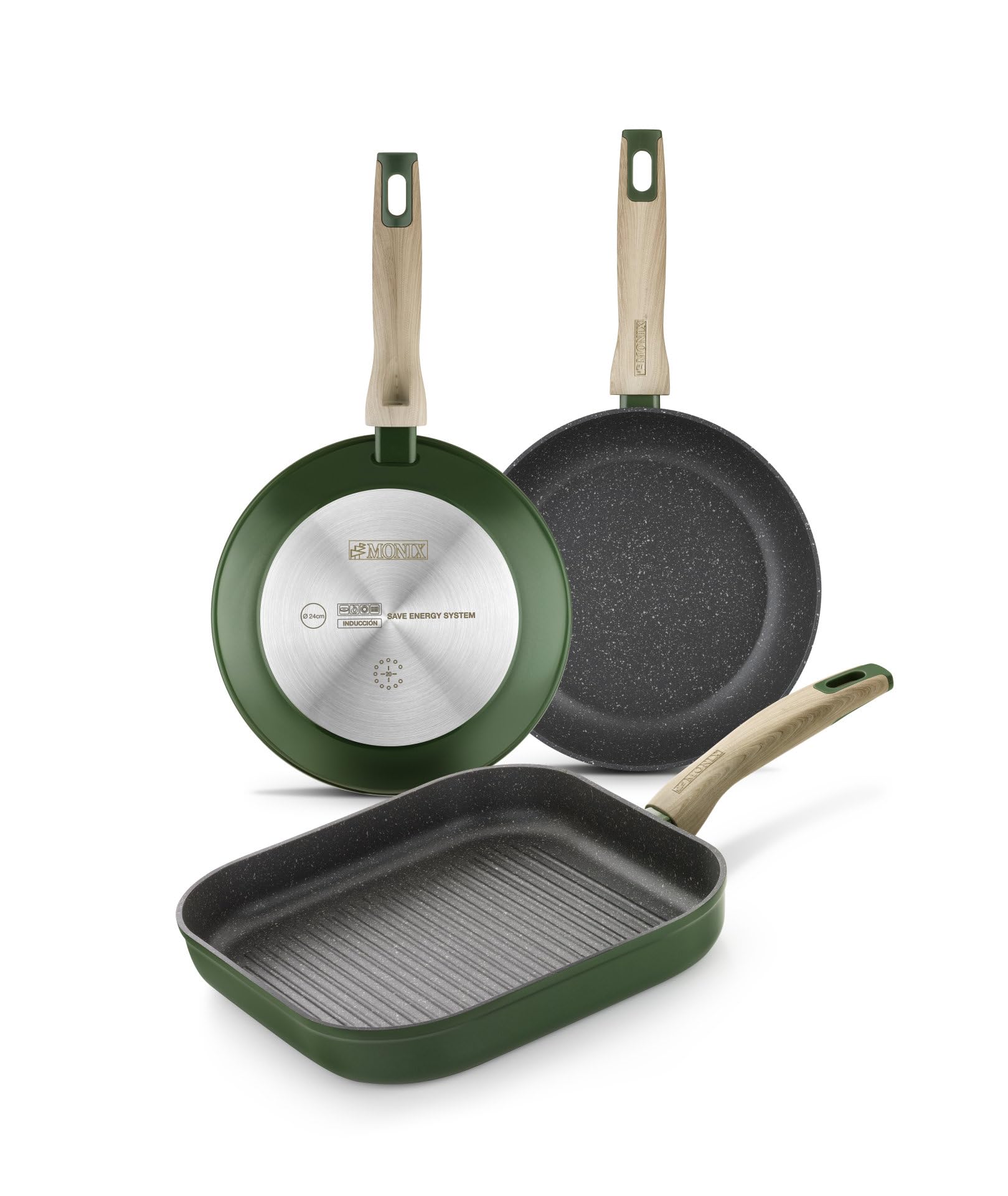 Monix Amazonia | Grill 28 cm con rayas, aluminio forjado, antiadherente tricapa, sin PFOA, fondo full induction, asas baquelita y recubrimiento soft touch efecto madera