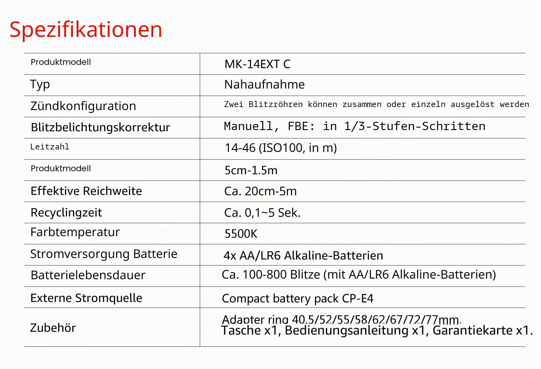 Meike MK-14EXT-C E-TTL Makro LED Ringblitz mit LED AF Assist Lampe für Canon EOS DSLR Kamera