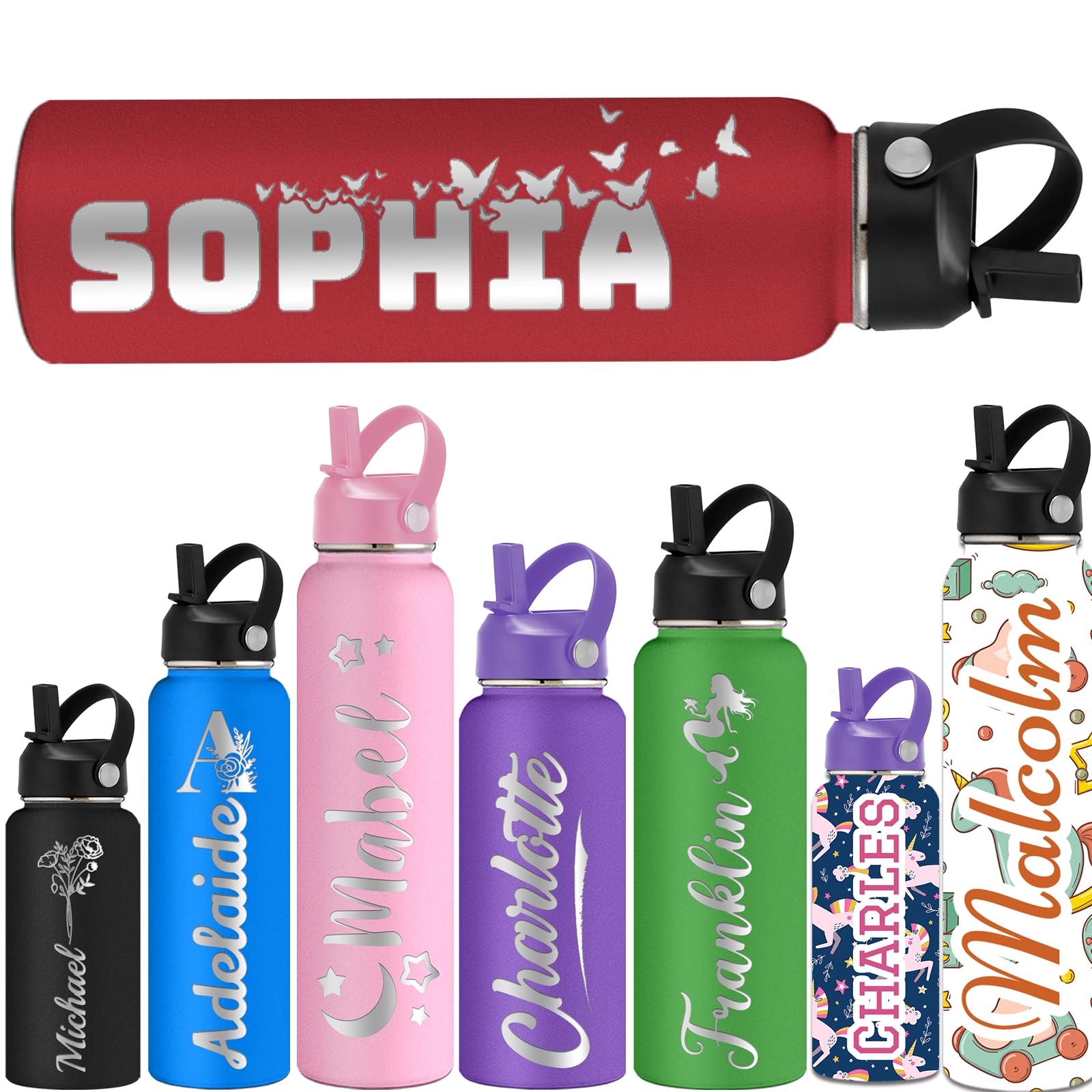 ShAxzHen Personalised Water Bottles for Kids with Straw Lid 40/32/24/18/12oz Custom Insulated Water Bottle Stainless Steel with Name Logo Customised Engraved Cups for School Sport Gym Name Red